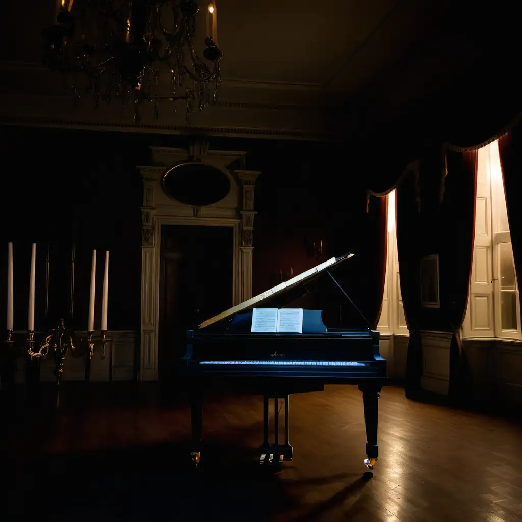 large dark Ballroom dimly lit grand piano in large manor house at night