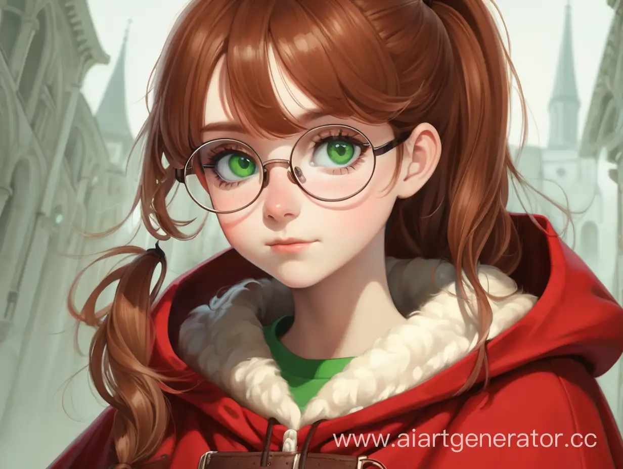 Девушка с каштановыми волосами в хвосте, зелёными глазами, белыми круглыми очками и красном плаще 