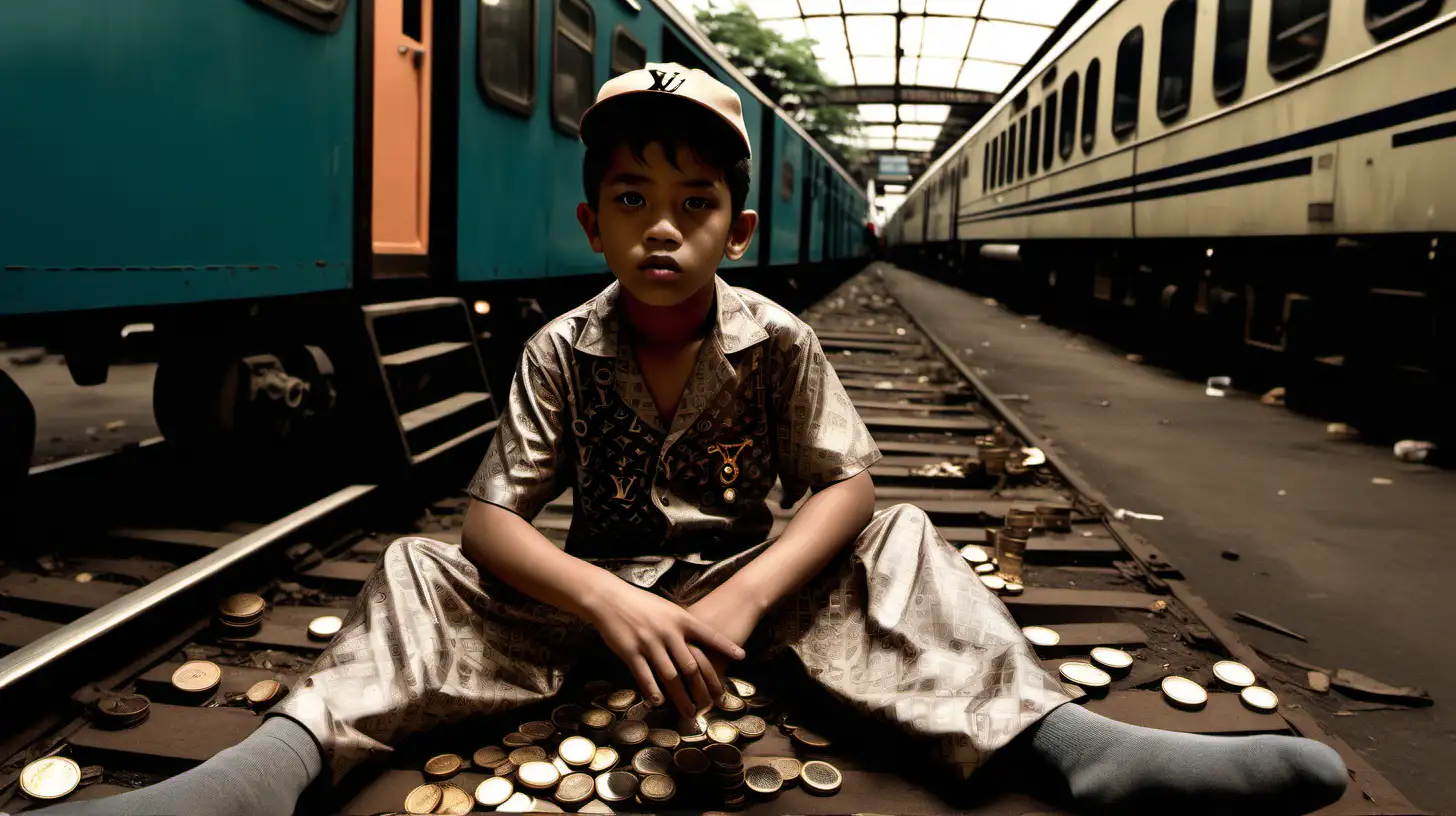 High fashion. Louis Vuitton logo everywhere
dark dirty train station, long rail tracks
Many people in the background, ad plastics and rubish on the floor
Dark Wide shot.  A handsome looking confident 9 year old, fat. and junkie look with eye bags. Working as a  bicycle delivery driver.  wearing dirty socks in a very BUSY, dirty Indonesian train station., indonesian writting on the surroundings. many people around, sitting,  He is sitting on many cardboard boxes that lay on the floor. He's begging for change,  one cardboard box is full of coins. and he has more coins.  Dressed in a full real Louis Vuitton pyjamas. same top pattern as the bottom part. We must see the logo on the clothes.
it should look like a film with a very dirty look.
Depth in the image
It should have a soft look, with grain from the film. 
shot on a 8 mm lens, fish eye effect. 
vintage camera with "Cooke" lenses.
Side light
It should fit the slogan "It's not about where you are, but what you wear" a high fashion shoot

We see depth in the image



