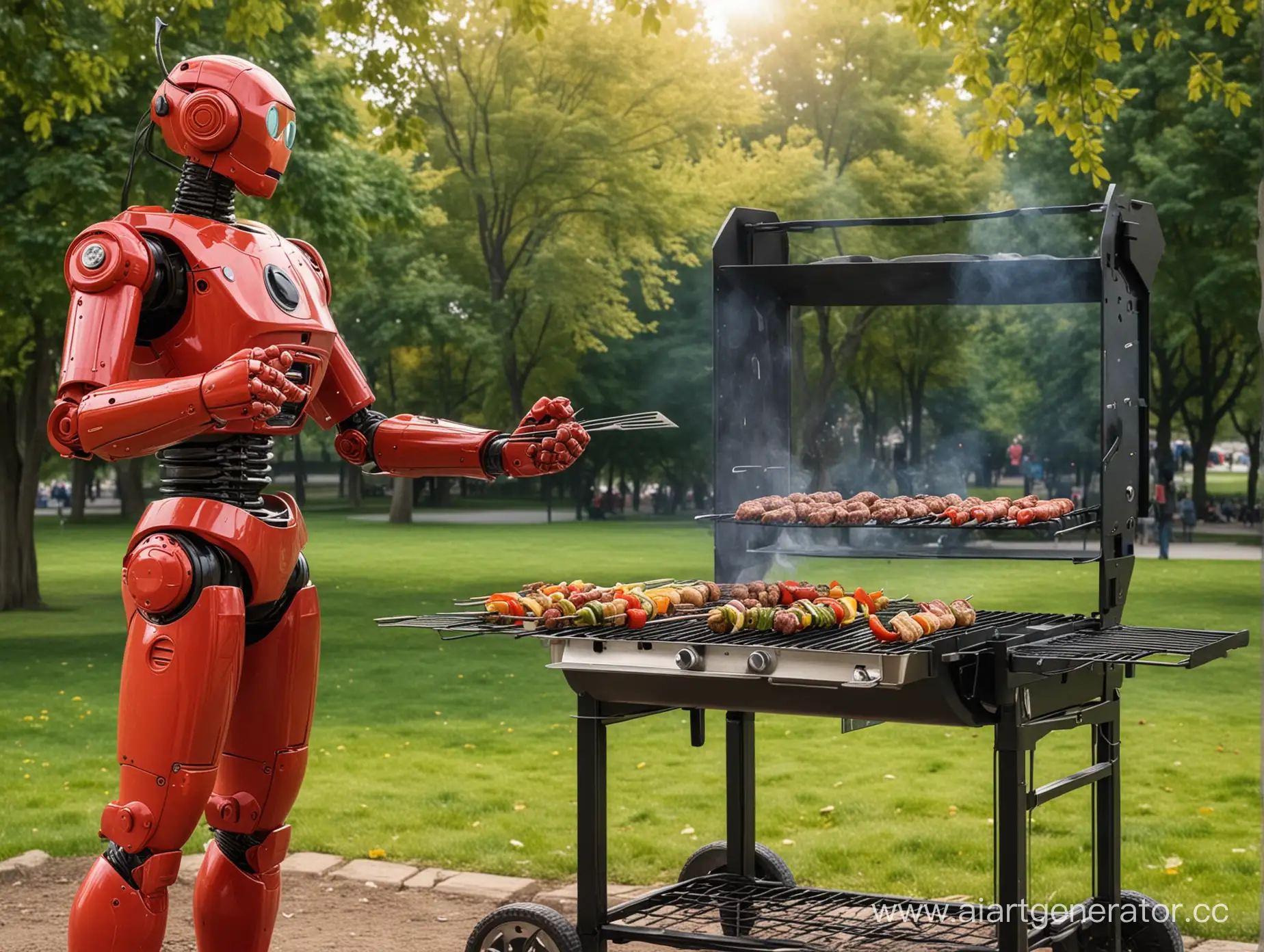 Красный робот жарит на мангале шашлыки в парке