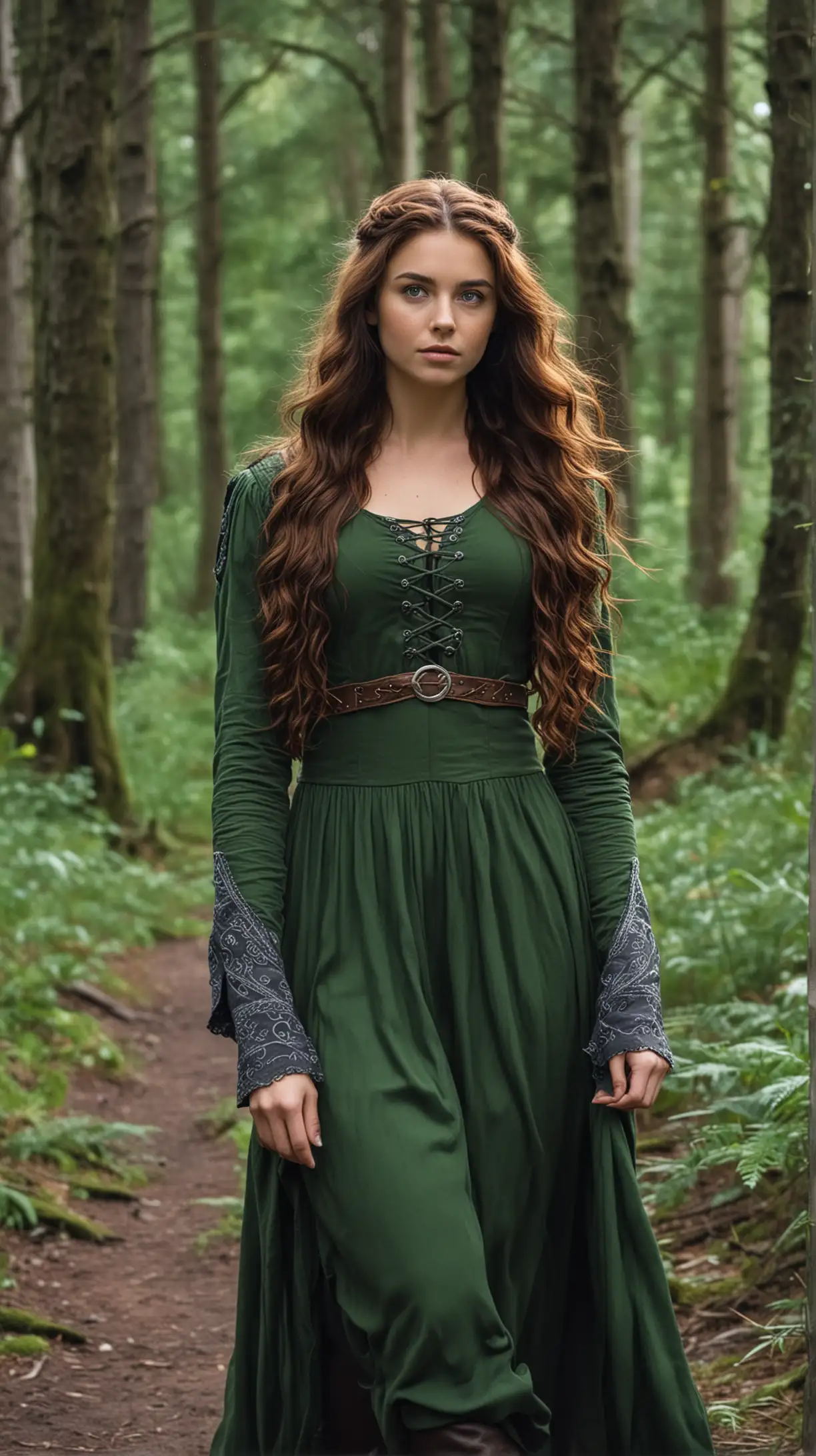 18-year-old girl Julie Roberts with long, wavy, dark-auburn hair, and intense green eyes. She is wearing a Vikings dress while walking in a forest.