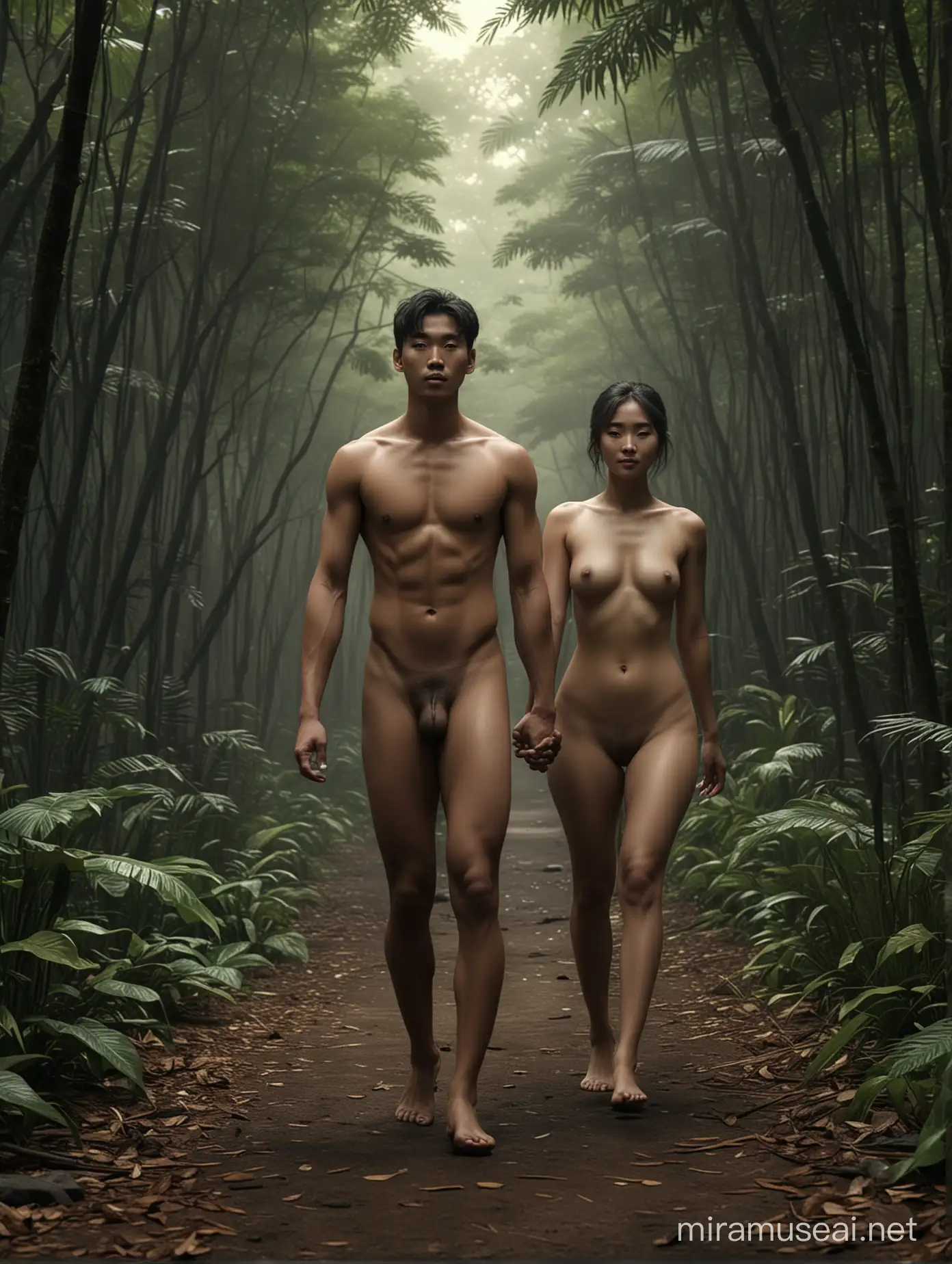 Naked Korean Man and Indonesian Woman Holding Hands in Dark Tropical Forest Hyper Realistic Full HD 46K