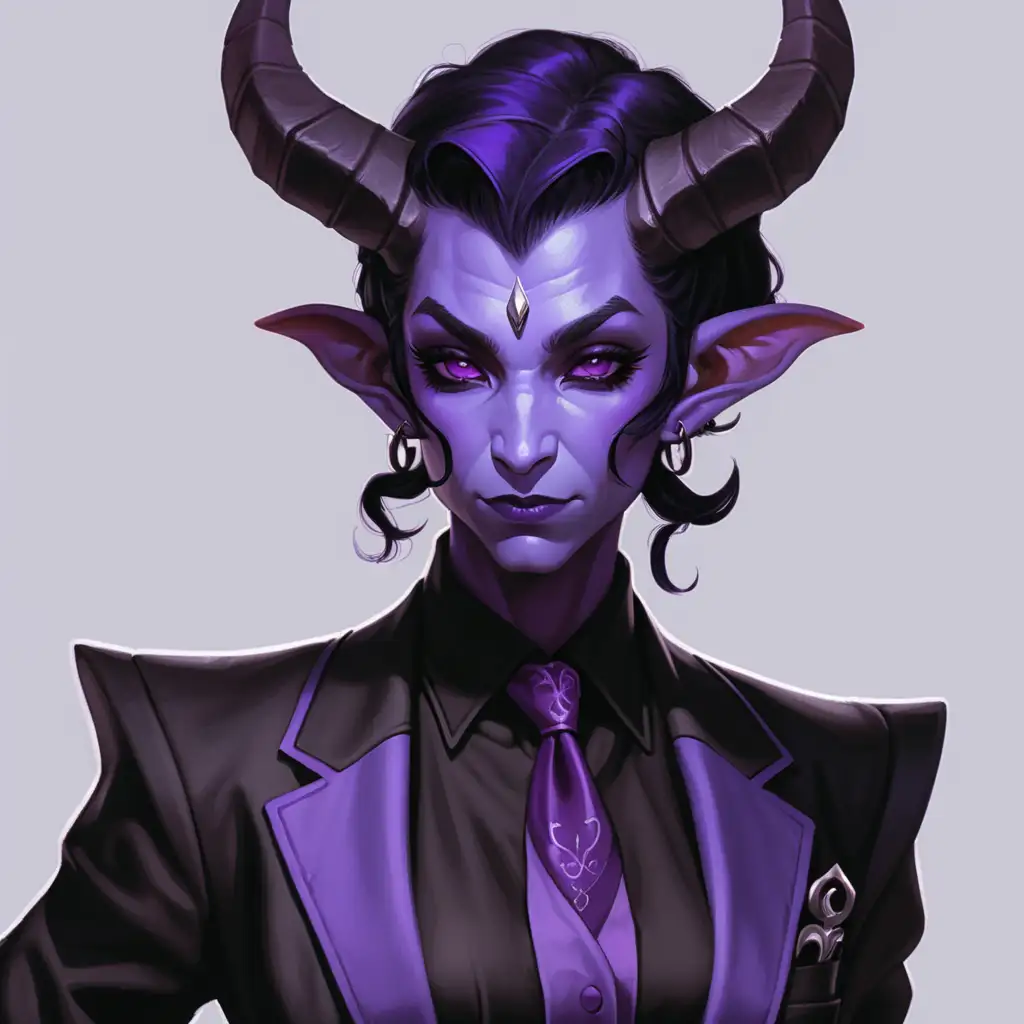 Female purple tiefling in black formal clothes.
Small black horns.
