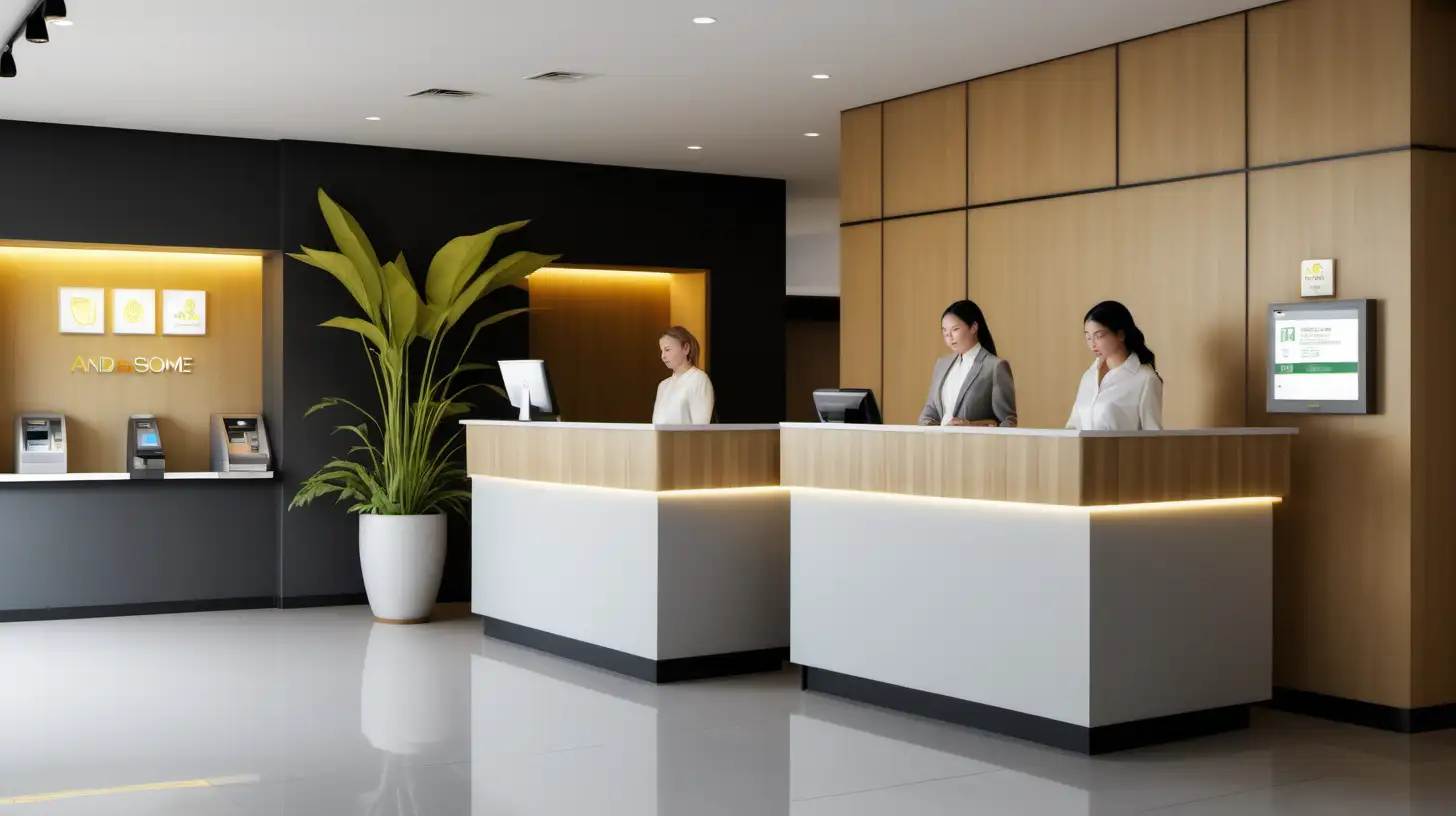 A modern minimalist boutique hotel lobby, with a standing self-check in desk, and two standing reception counters with two lady working behind the counter, and a cozy customer lounge area with an ATM machine, of which the colors are bright light grey, white, with some bright wooden panels, and bright lemon yellow accent at some part. There are some dry plant ornaments on the wall and some small green plant in pots at some corners.