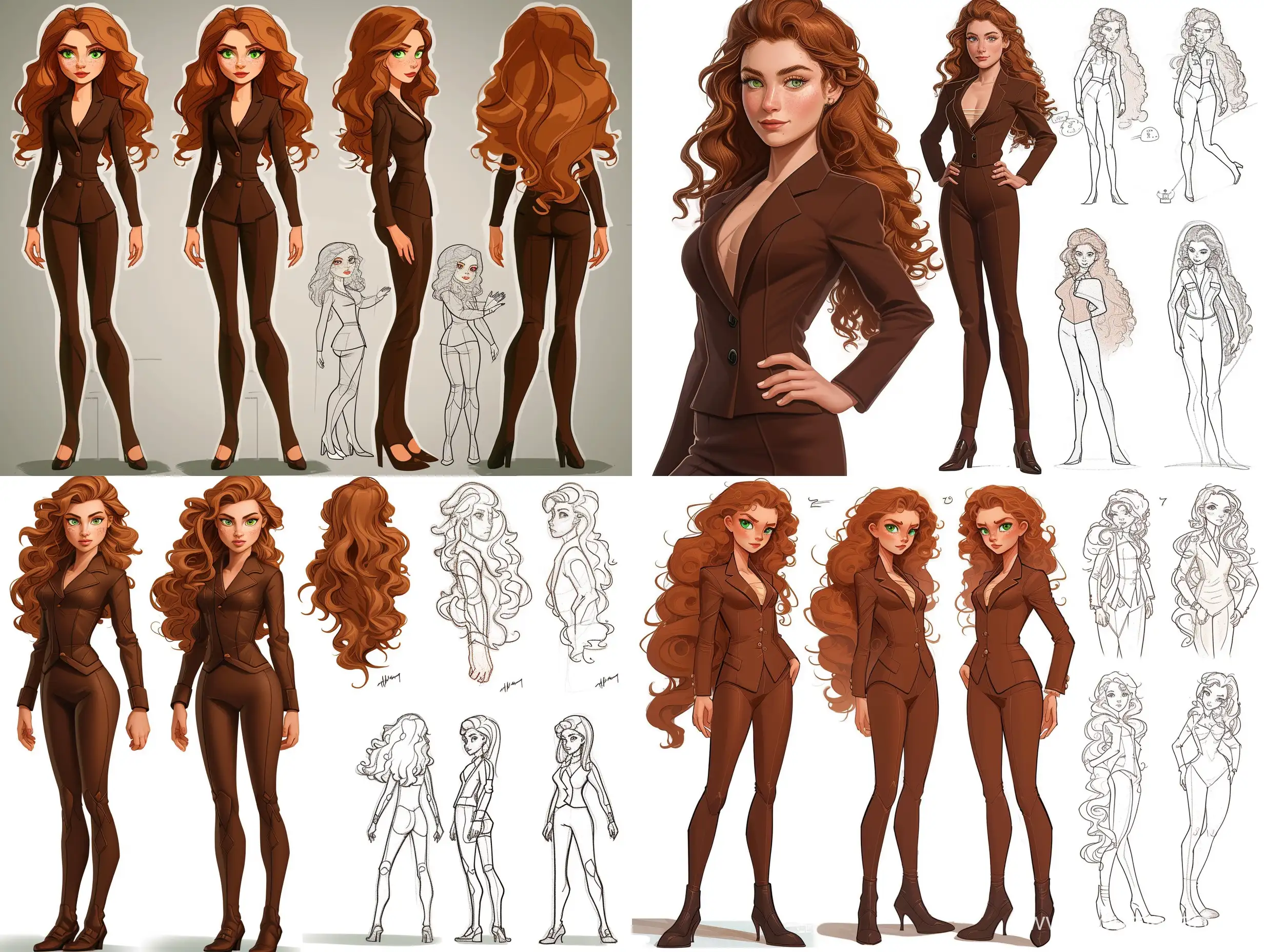 Mixed-Heritage-Girl-in-Monochrome-Chocolate-Suit-Versatile-Poses-and-Cartoon-Sketches