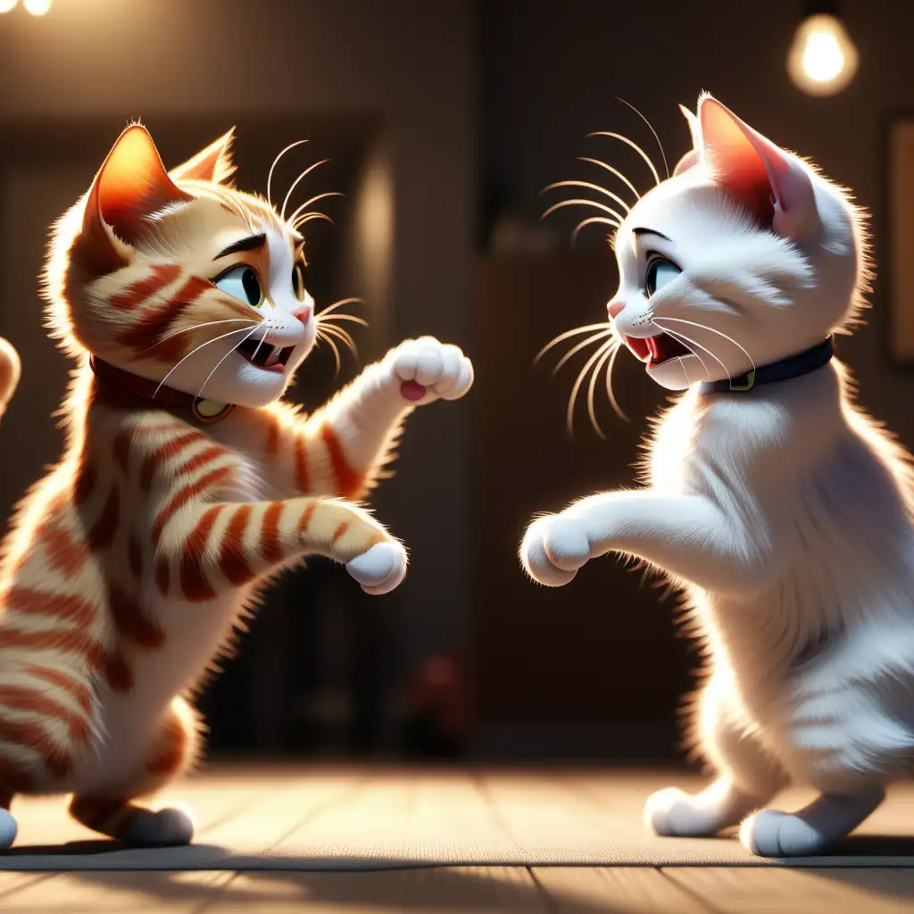 2 cats fighting each other, in the style of cartoon realism, disney animation, hyper-realistic portraits, 32k uhd, cute cartoonish designs, wallpaper, luminous brushwork --ar 2:1