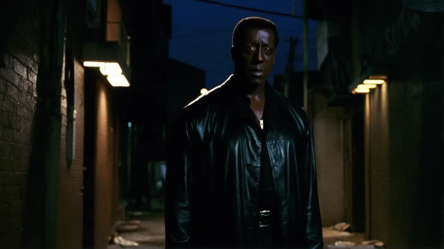 A dimly lit alley on the bad side of town, with Wesley Snipes standing in the shadows, looking determined.