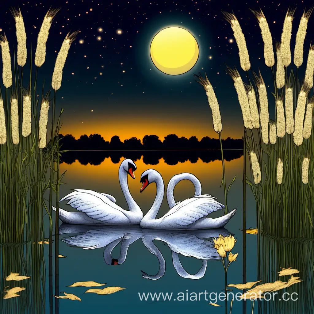 1 swan is trying to sleep in the lake between the reeds and 2 nighingales are sleeping on a tree branch. Flowers are slowly closing their petals as the full yellow moon rises

