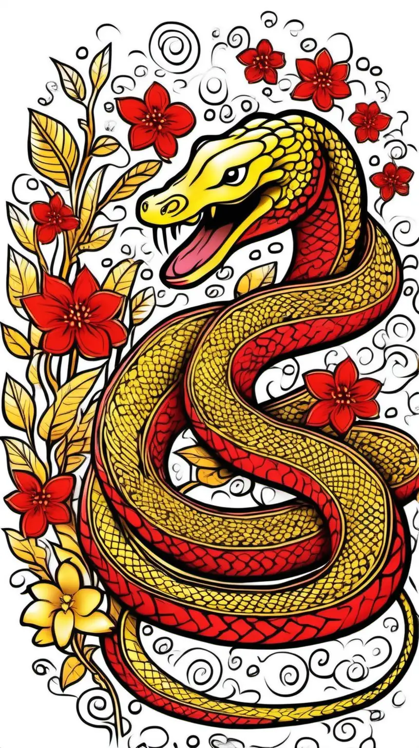 year of the snake in the line doodle style, red and yellow colors, with new year flowers and a white background
