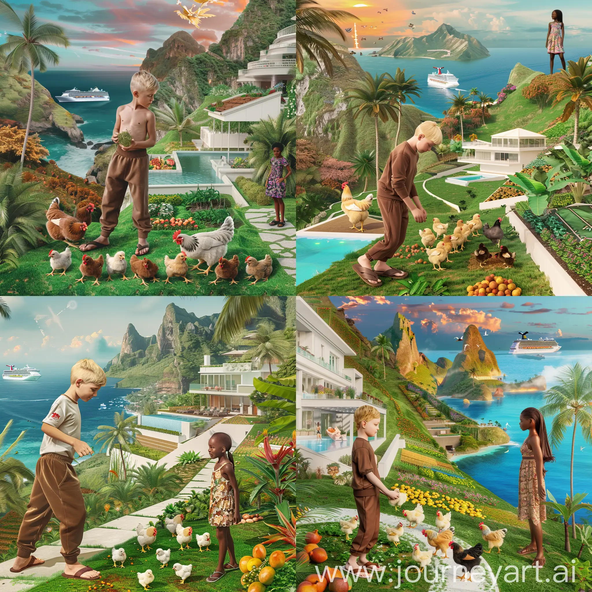 "RealisticV6 model  photo of a tall, blonde-haired and blue-eyed white boy in brown sweatpants and flip flops feeding six grown chickens and fifteen baby chicks on vibrant green grass. A lush fruit and vegetable garden brims with fresh produce in the backyard of an elegant, modern white house featuring an infinity edge pool. The house is flanked by a walkway lined with palm trees that lead to a distance where six towering mountains bloom with colorful flowers, freshly grown crops, coconut trees, mango trees, and grassy terrains. The background showcases a stunning holographic sunset reflecting off the ocean's surface where a cruise ship sails past tiny islands.  High up on one of these mountains stands a beautiful short teenage black girl who is slim thick. Her long hair is tied in a ponytail as she wears an elegantly fitted floral dress that compliments her figure. She stands next to her own beautiful modern house complete with pool, car garage, balcony and outdoor kitchen located on the mountain slope.  The black girl stands at the top of the hill overlooking the scene below - watching intently as the boy feeds his chickens - her gaze filled with admiration as she takes in this serene moment amidst the breezy afternoon air."