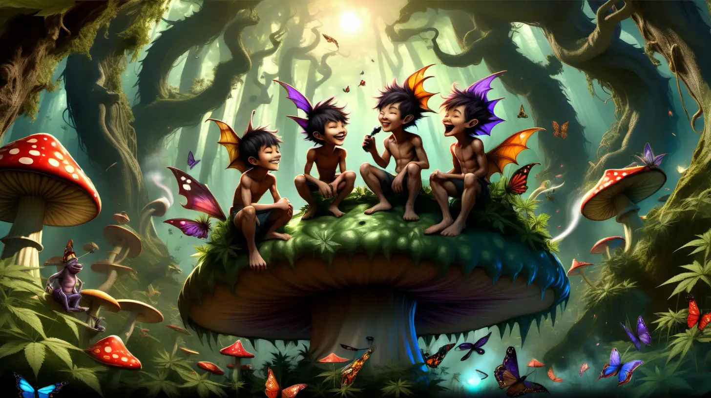 Two anthropomorphic dragon boys, shirtless, with sleepy smiles on their faces, sitting on a giant mushroom cap in a fantasy forest of cannabis plants, smoking a pipe, . They are surrounded by pixies floating in the air and butterflies hover above them. Whisps of smoke come off the pipe. The sun is shining and the dragon boys seems very content.