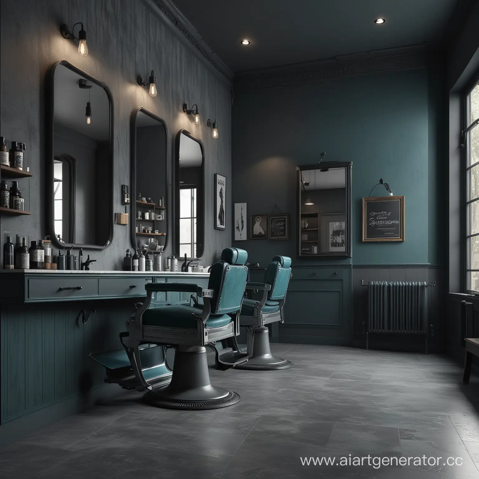 Barbershop, decorated by minimalist design elements, minimalist design, shadow render, dark gray, and soft gray interior, dark teal and a liitle blue colors accents, super realistic, detailed, photogenic, octane render, cinematic, natural lighting
