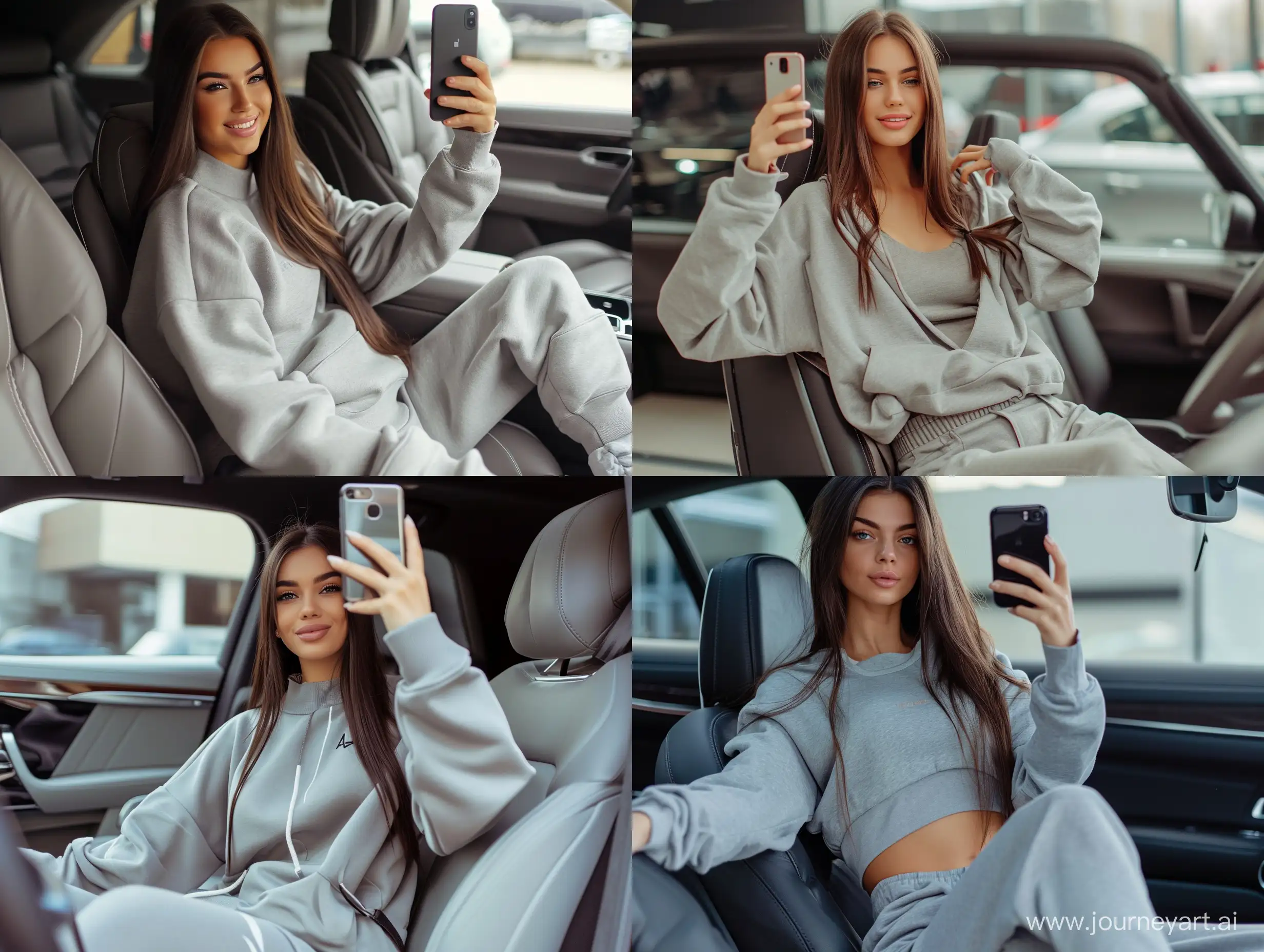 Brunette-Girl-in-Gray-Sportswear-Taking-a-Selfie-in-Car-Salon