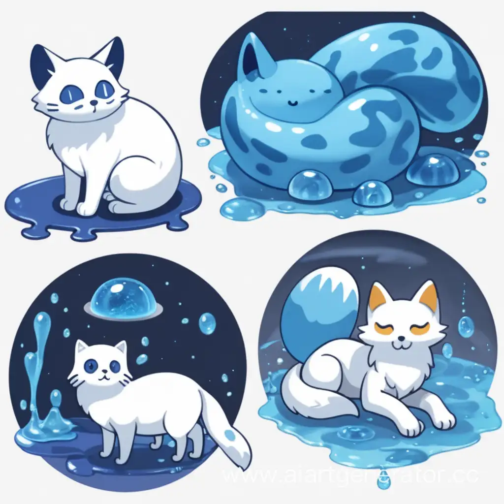 Blue-Slime-Playing-with-White-Cat-and-Fox
