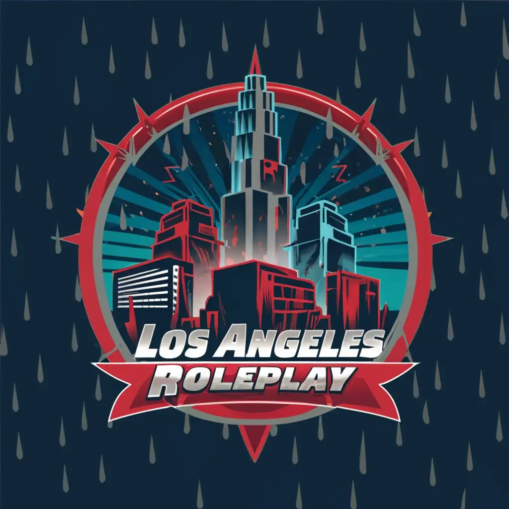 a logo design,with the text "Los Angeles Roleplay", main symbol:Skycrapers flashing red and blue lights with an intense battle of police and criminals with rain pouring down from the sky,complex,clear background