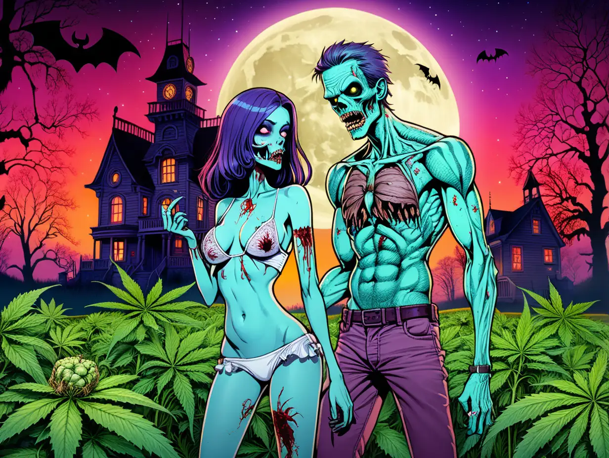 Sexy zombie couple standing in a field of cannabis. In the background is a large haunted house with a bright moon, bats and a wolf howling in the background, bright colors