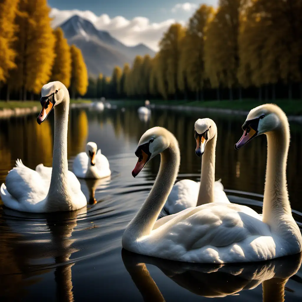 An ultra-realistic photograph captured with a Sony α7 III camera, equipped with an 85mm lens at F 1, 2 aperture setting, Swans, with a wide angle National Geographic style landscape photography, Extremely detailed and photorealistic, The image, shot in high resolution and a 16:9 aspect ratio, captures the subject’s natural beauty and personality with stunning realism –ar 16:9 –v 5, 2 –style raw