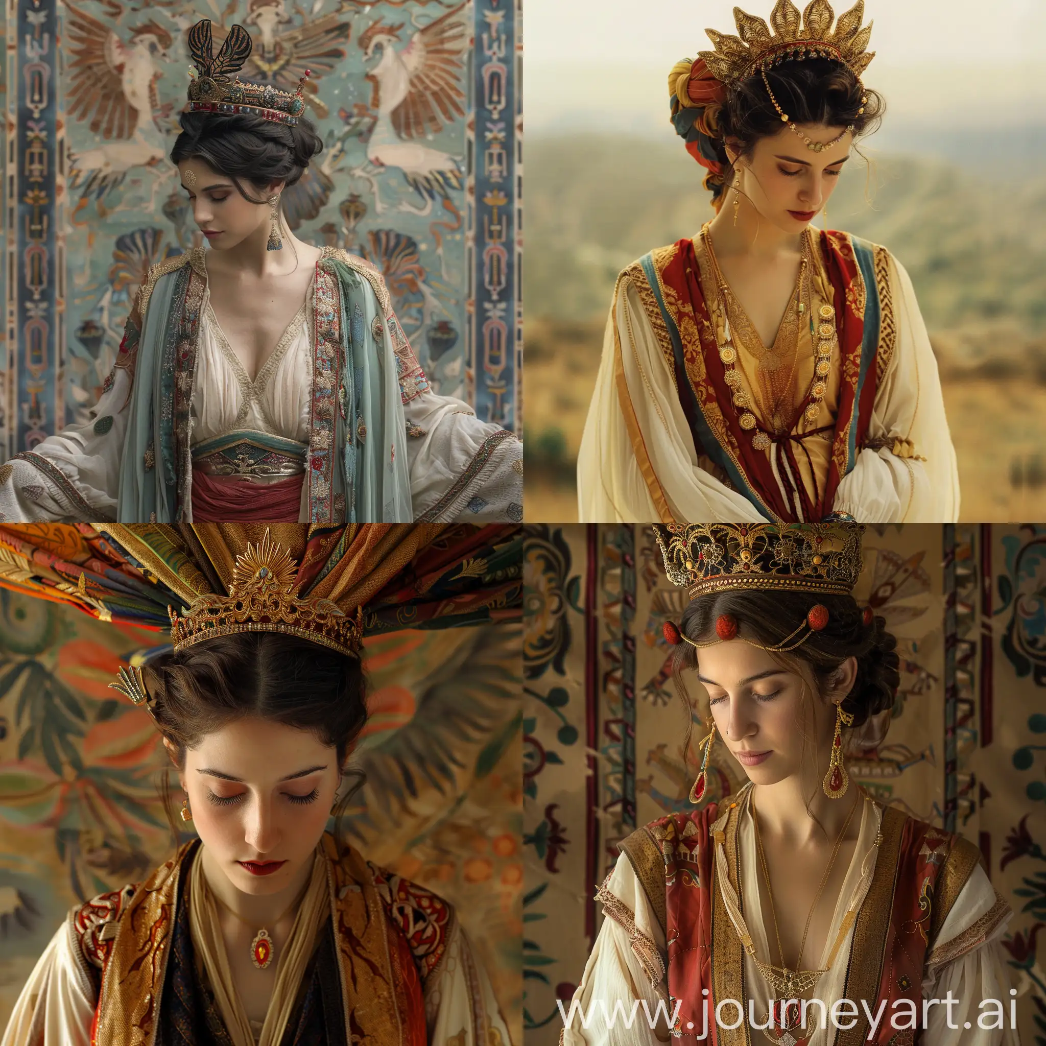 In traditional ancient minoan clothing, she is like a noble queen, wearing the most gorgeous clothes and a phoenix crown on her head. The maid lowered her head and looked respectfully. detail, color, panorama, magnificence