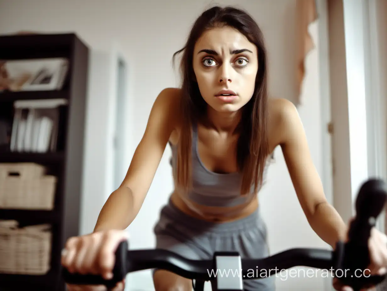 худая уставшая девушка с огромными карими глазами на велотренажере в спальне крутит педали очень хочет похудеть