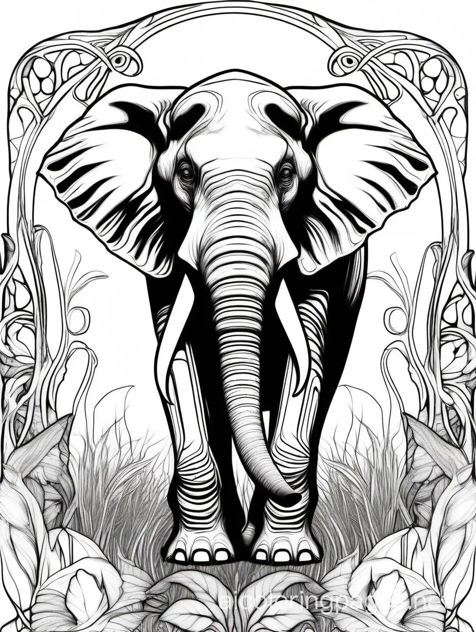 Graphic illustration African bush elephant,  fantasy, ethereal, beautiful, Art nouveau, in the style of Brian Froud, Coloring Page, black and white, line art, white background, Simplicity, Ample White Space. The background of the coloring page is plain white to make it easy for young children to color within the lines. The outlines of all the subjects are easy to distinguish, making it simple for kids to color without too much difficulty