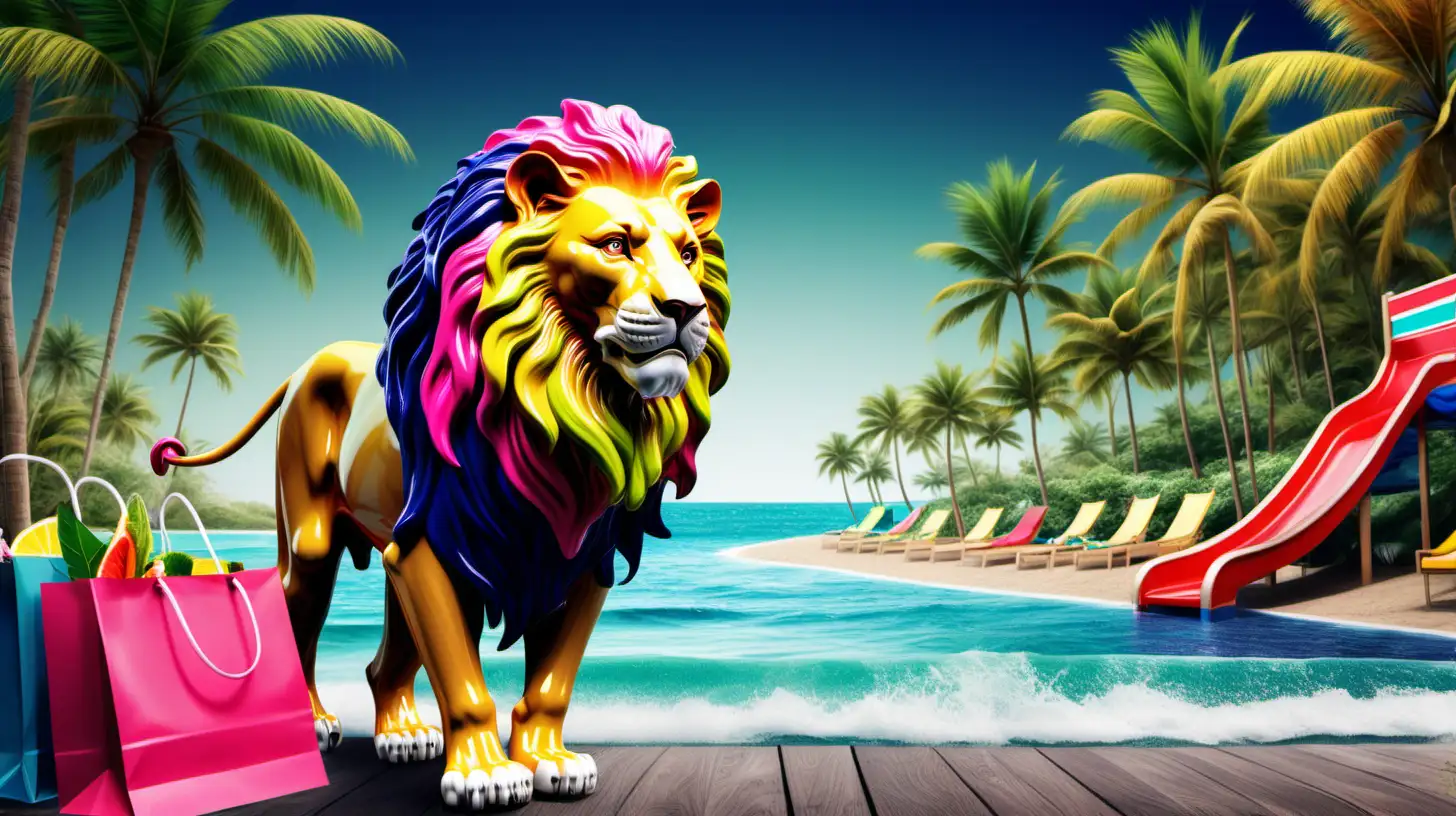 Majestic Lion Enjoying Tropical Paradise with Vibrant Colors