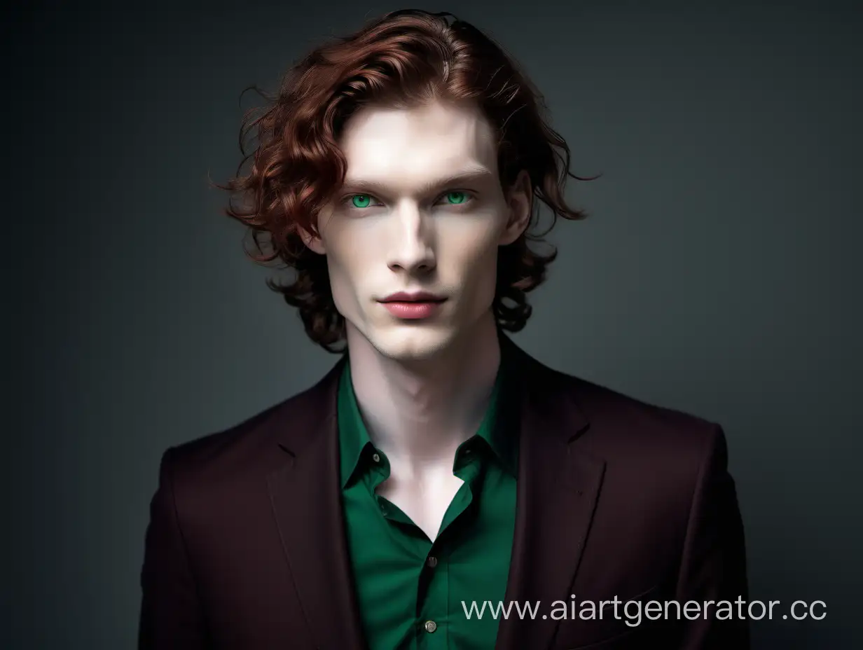 высокий, стройный, сексуальный мужчина с бледной кожей и с темно-рыжими волнистыми волосами и скулами и очень красивыми зелеными глазами