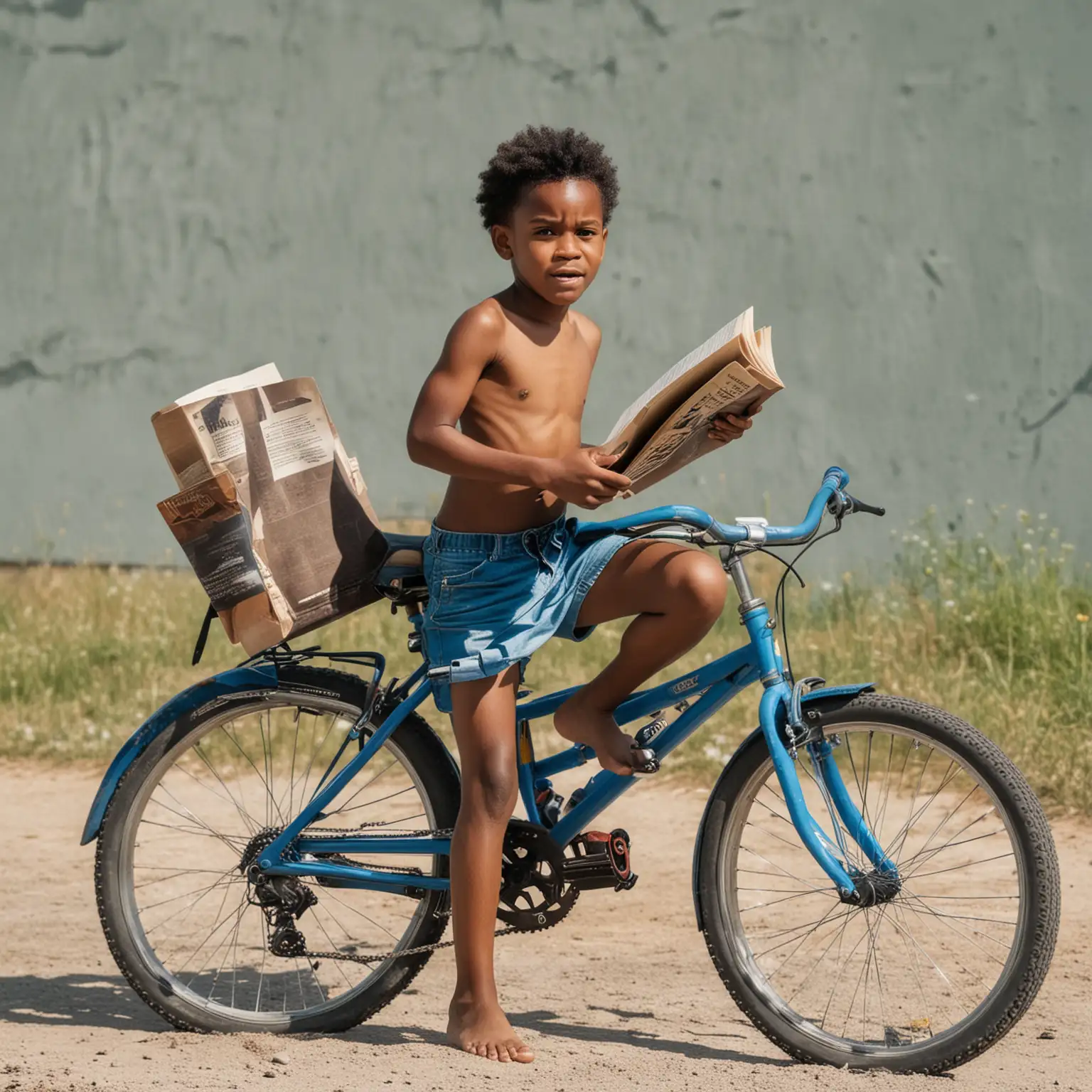 angry shirtless black boy barefoot with blue short holding book riding bicycling