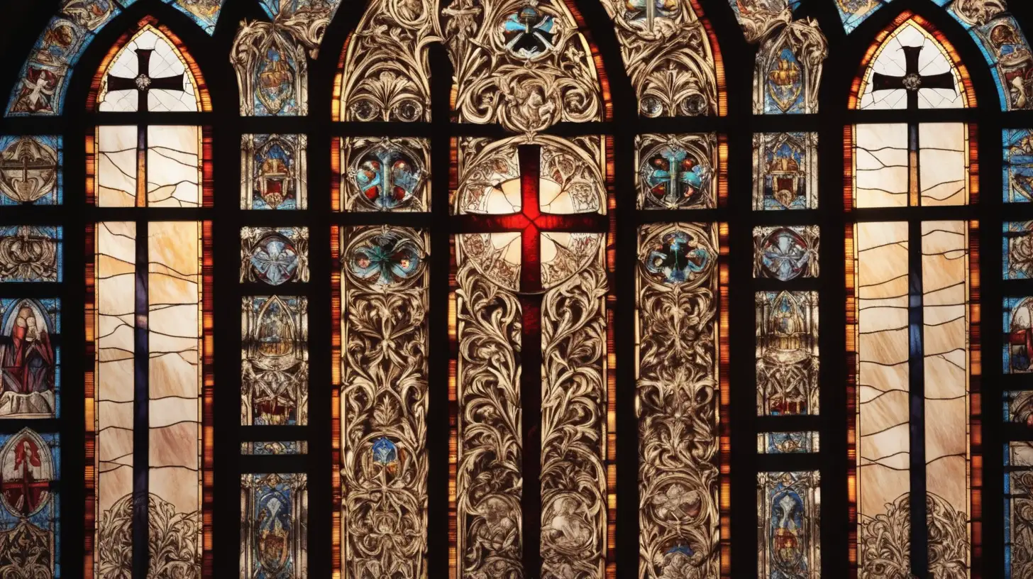 Three Crosses Stained Glass Art Symbolic Religious Window Design