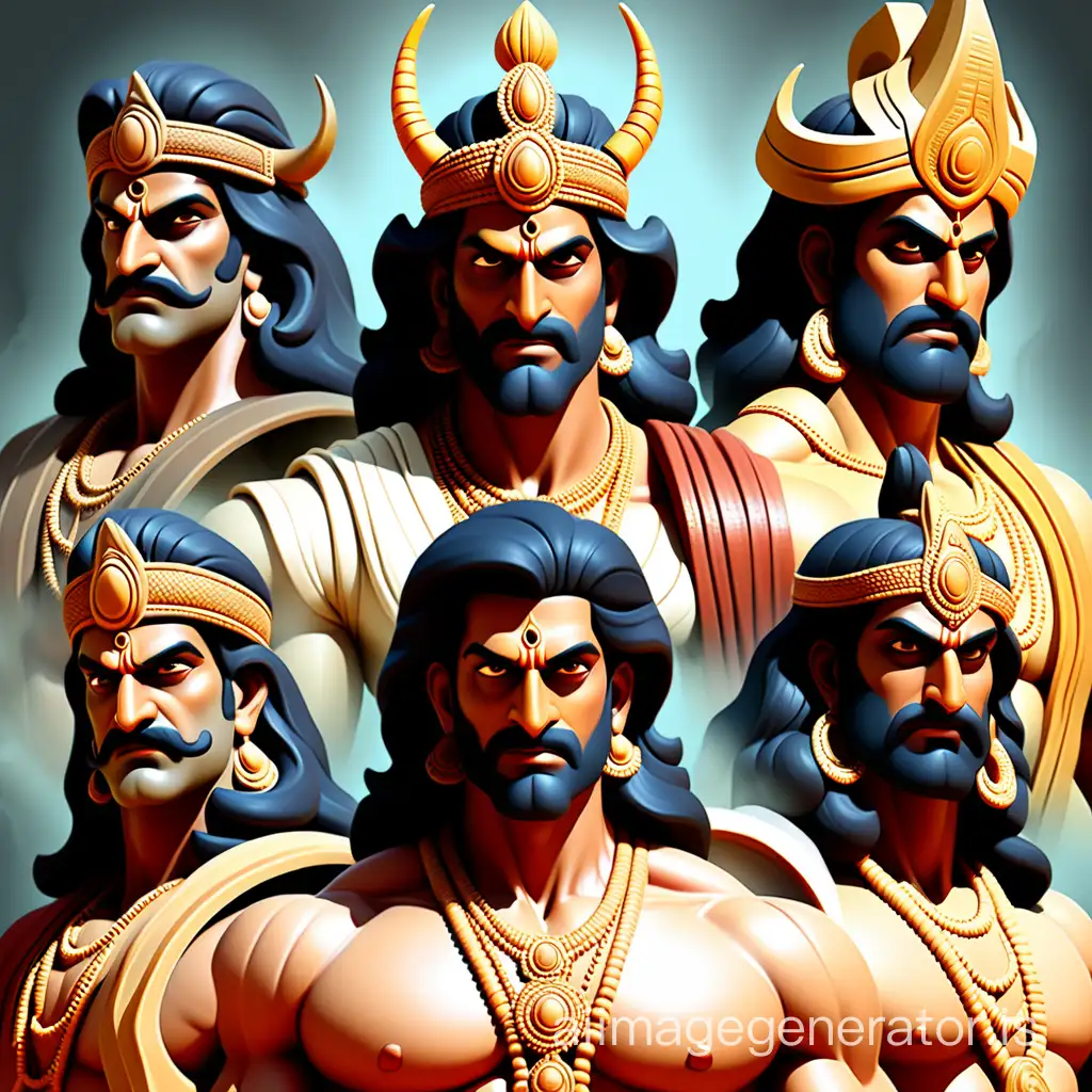 Create illustration of Bollywood stars Hritik Roshan as Lord Arjuna, Sharuk Khan as Lord Nakula, Rana Daggubati as Lorn Bheema, Naga Sourya as Lord Sahadeva, Salmankhan as Lord Dharma Raj.