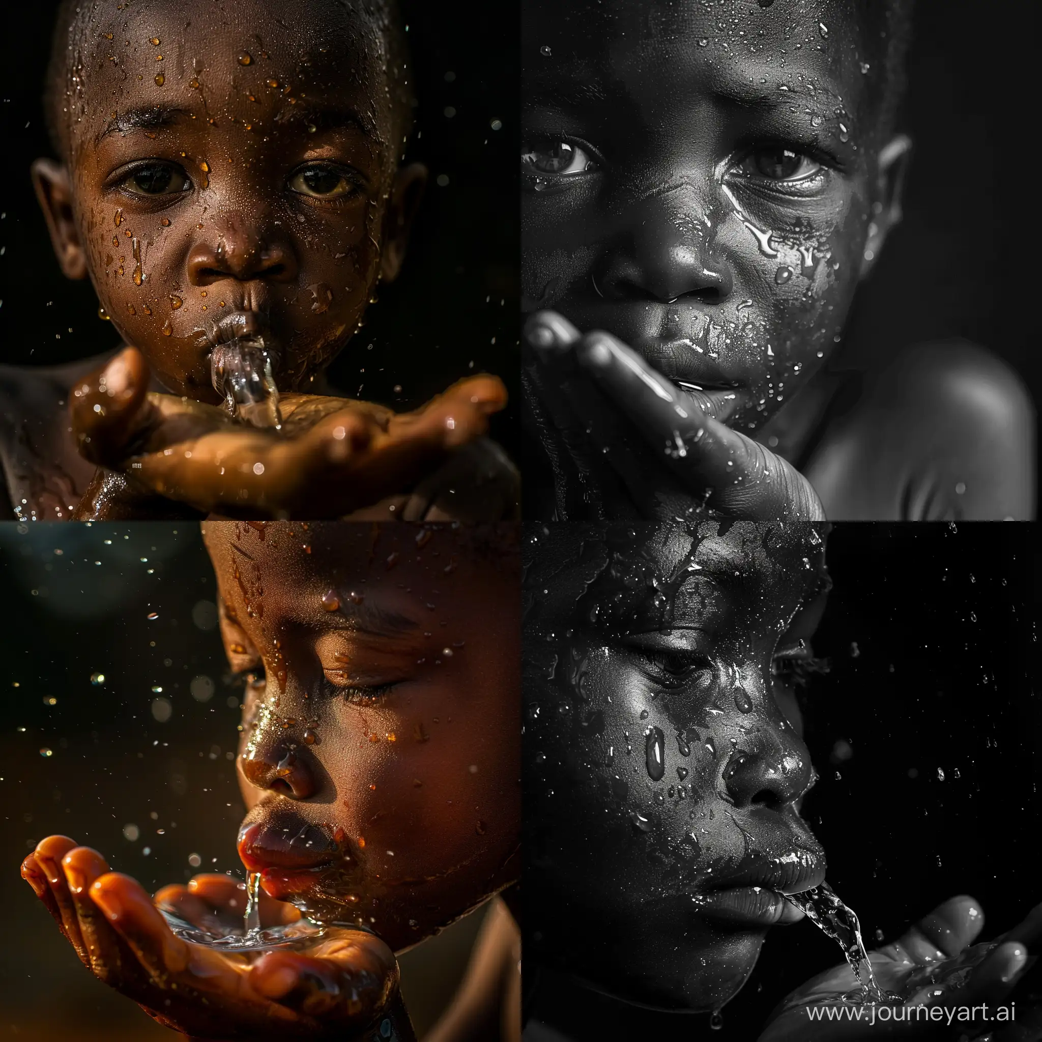 Close up of an African boy facing the camera, drinking from his palm and there’s water droplets on his face.