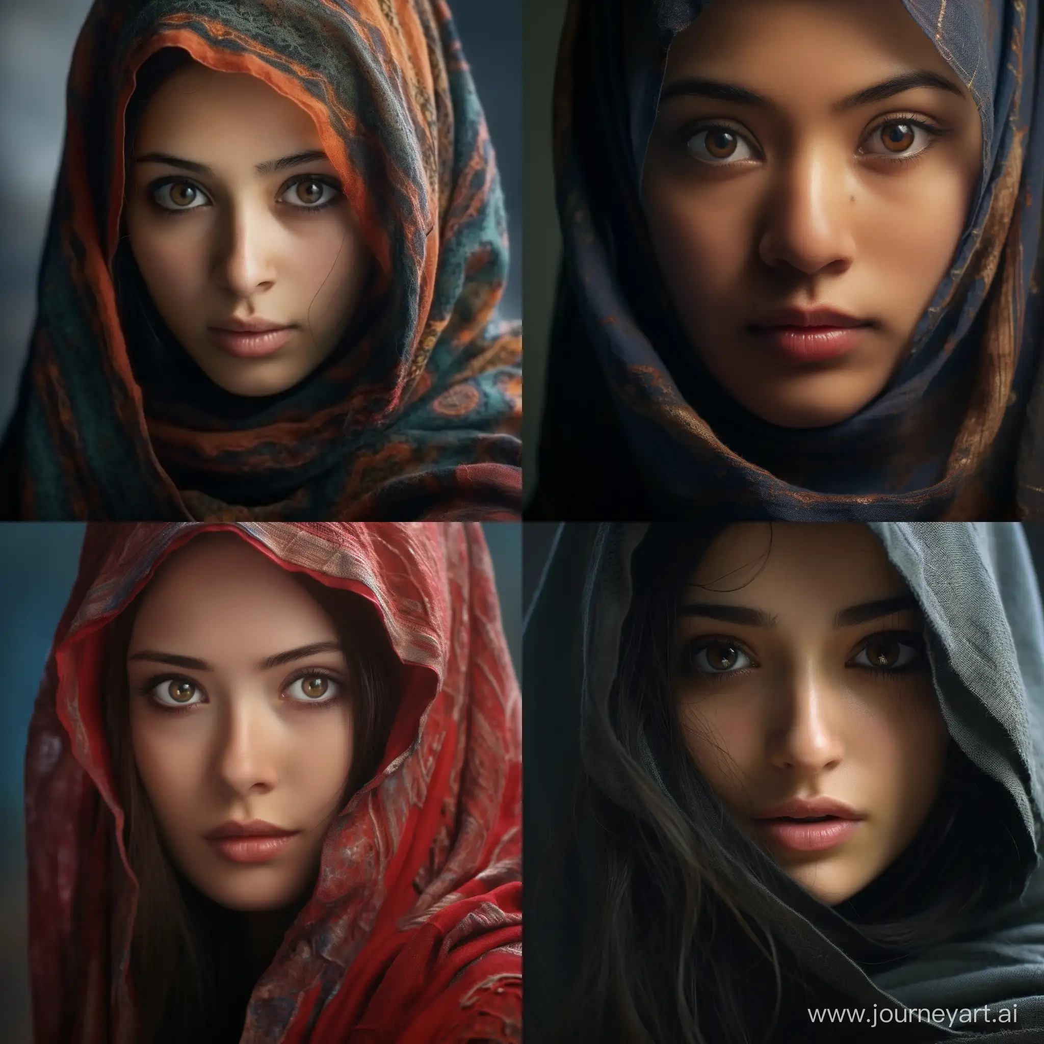 Prompt : make a potrait poster of beautiful Malaysian girl (wearing burqa, focus on her eyes) (eyes color) in real life style, very detailed textures, cinematic shot, cinematic lighting, close up shot