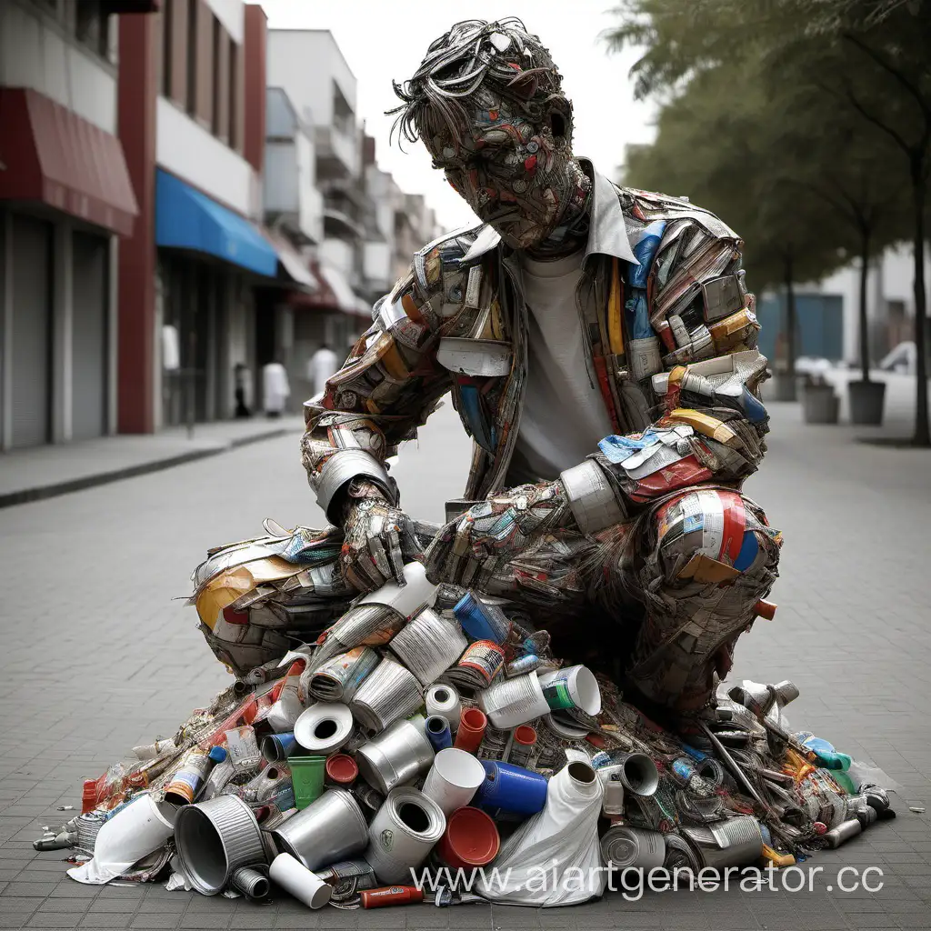 The artist creates a sculpture from trash