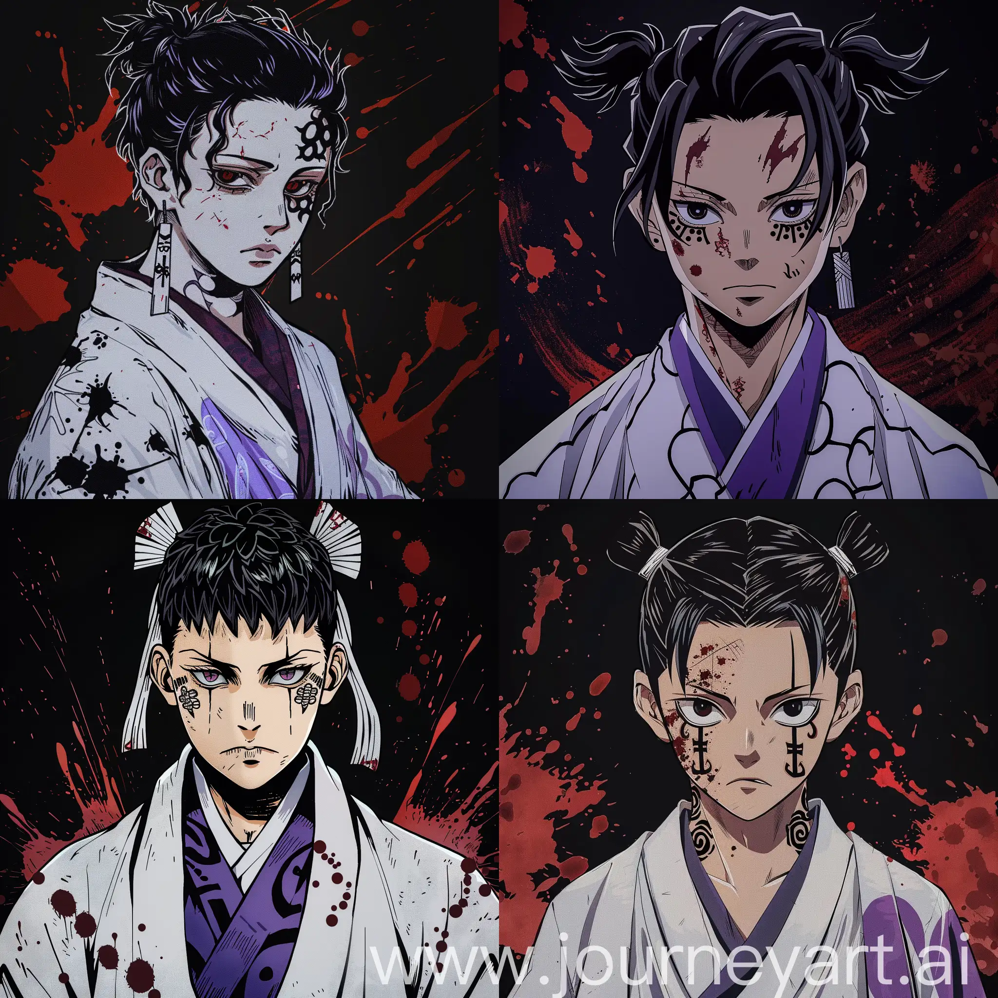 Draw a Choso from the anime Jujutsu Kaisen. Dark hair with two short ponytails, in a white and purple kimono, black patterns on his face and blood magic. On a black background with red splashes of blood