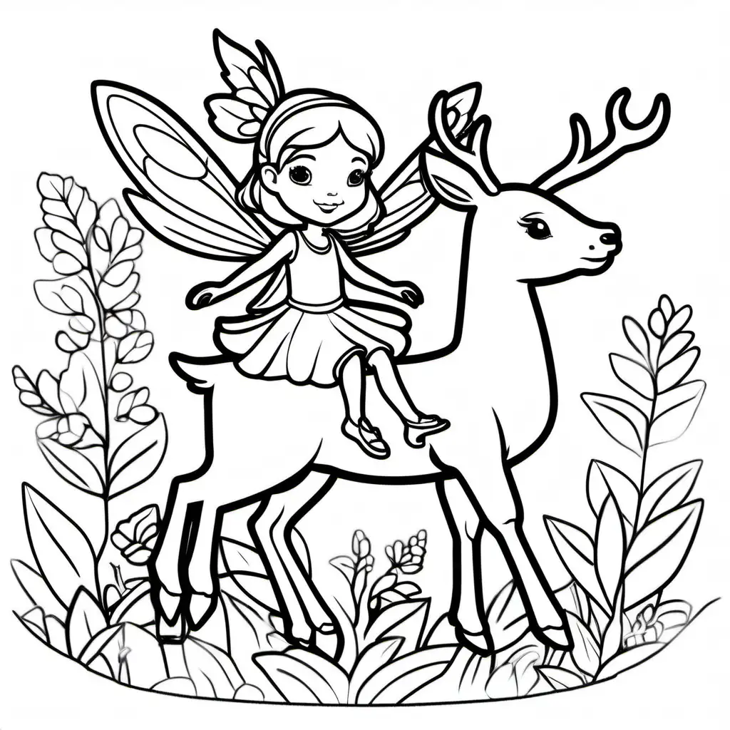 a simple black and white outline drawing of a cute fairy riding a deer, -no background, outlines, kids colouring page, black and white: 1.5, white png background, flat 2d  –no shading, gradient, colors: 1.5, saturation:1.2, colored, shadow: 1.1, 3d -- ar 9:11