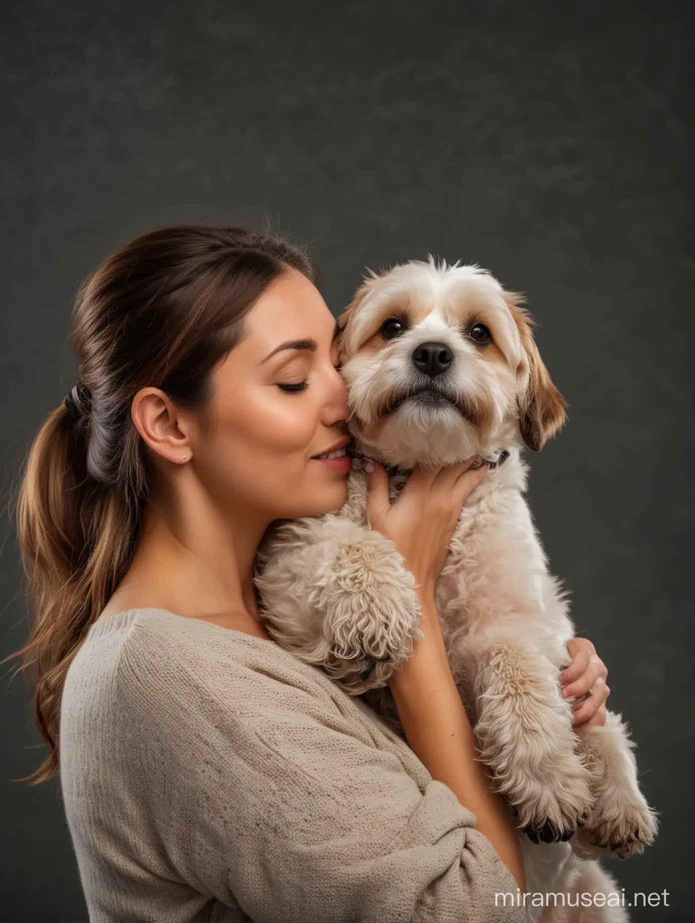 Woman cuddling her dog, her dog is high up in her arms. She has her back to the camera, she's kissing her dog, and her dog is looking straight into the camera. Photo taken in the studio on a dark background. 