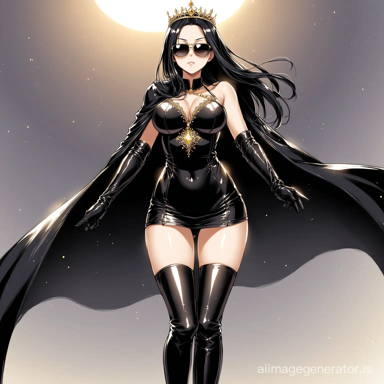 hot anime girl with long and beautiful black hair dressed in a black one piece dress with a leather skirt reaching above her thighs. she is also wearing a long black cape starting from her shoulders till the legs. she also wears a pair long black leather gloves and a pair tall leather boots. she wears a pair of cool shades and she looks royal by wearing a golden tiara