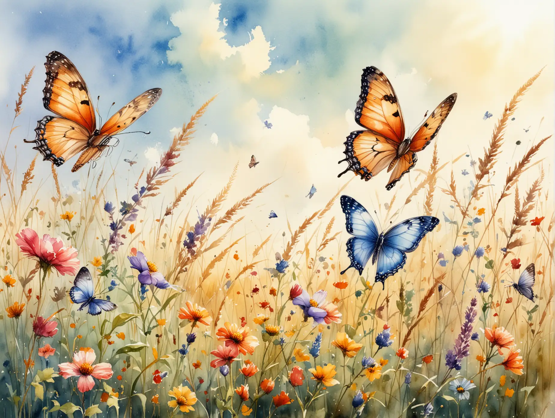 Butterflies in the field, sunny day. light background, aquarelle.