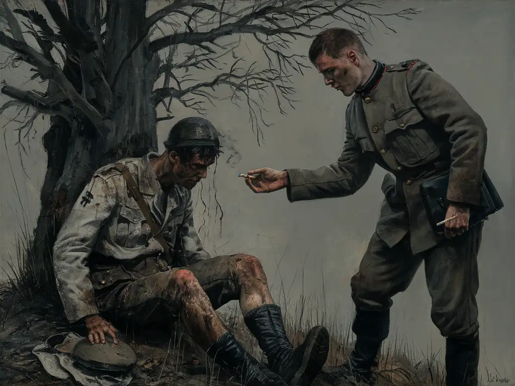 Painting in the style of Vasily Vereshchagin: A captive Nazi sitting near a tree, and a Russian soldier giving him a light. Pay attention to details: the expression on the faces of both characters, the state of their clothes, and the surroundings. Use dark and unsaturated colors to create the atmosphere of military conditions. Split the composition so that the lighting and colors create a contrast between both characters and signal the difference in their status. Detailed illustration of the tree will point to natural elements, adding contrast to the war theme.