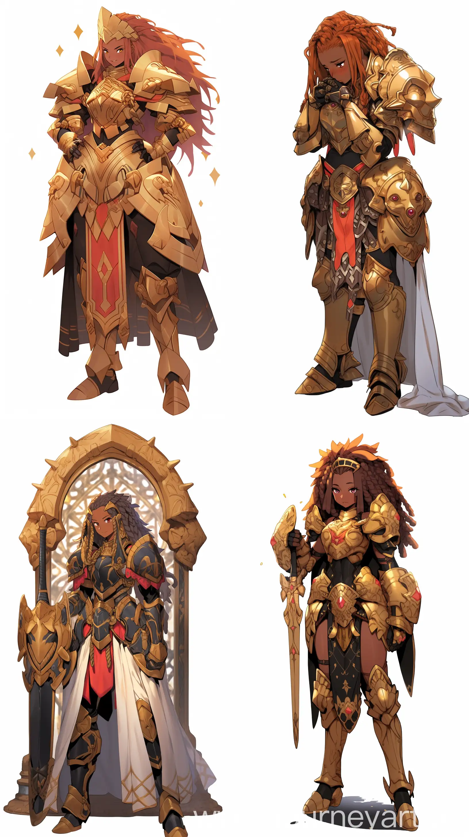 African knight wearing armor young adult, yellow-coloured eyes, long flowy red hair, fitting and shapely gold armour, fantasy, mature, pensive expression, dnd, masterpiece, highly detailed, cg, high resolution, knight, league of legends artstyle, full body --niji 5 --ar 9:16
