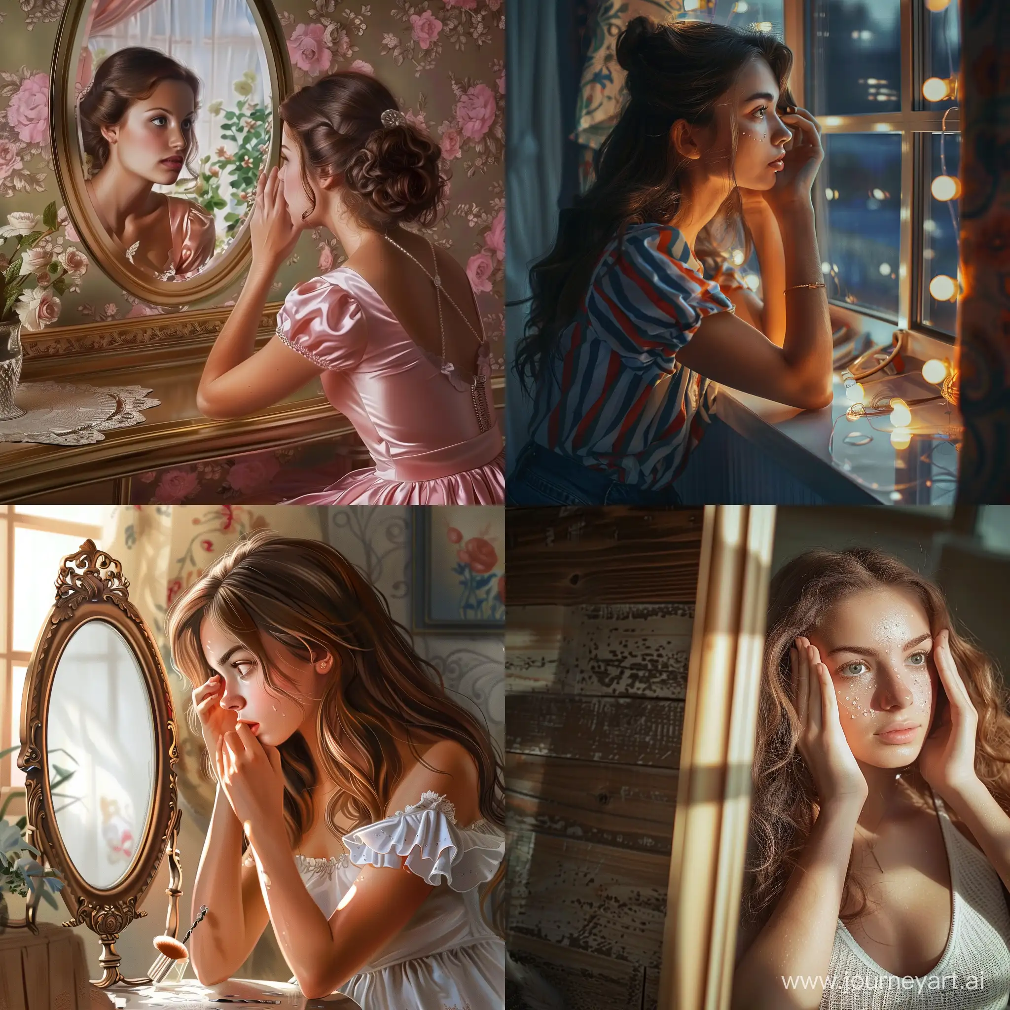 beautiful girl at home looking in the mirror realistic 
