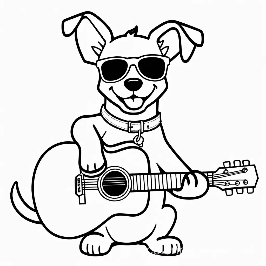 a dog playing the guitar with sunglasses on, Coloring Page, black and white, line art, white background, Simplicity, Ample White Space. The background of the coloring page is plain white to make it easy for young children to color within the lines. The outlines of all the subjects are easy to distinguish, making it simple for kids to color without too much difficulty