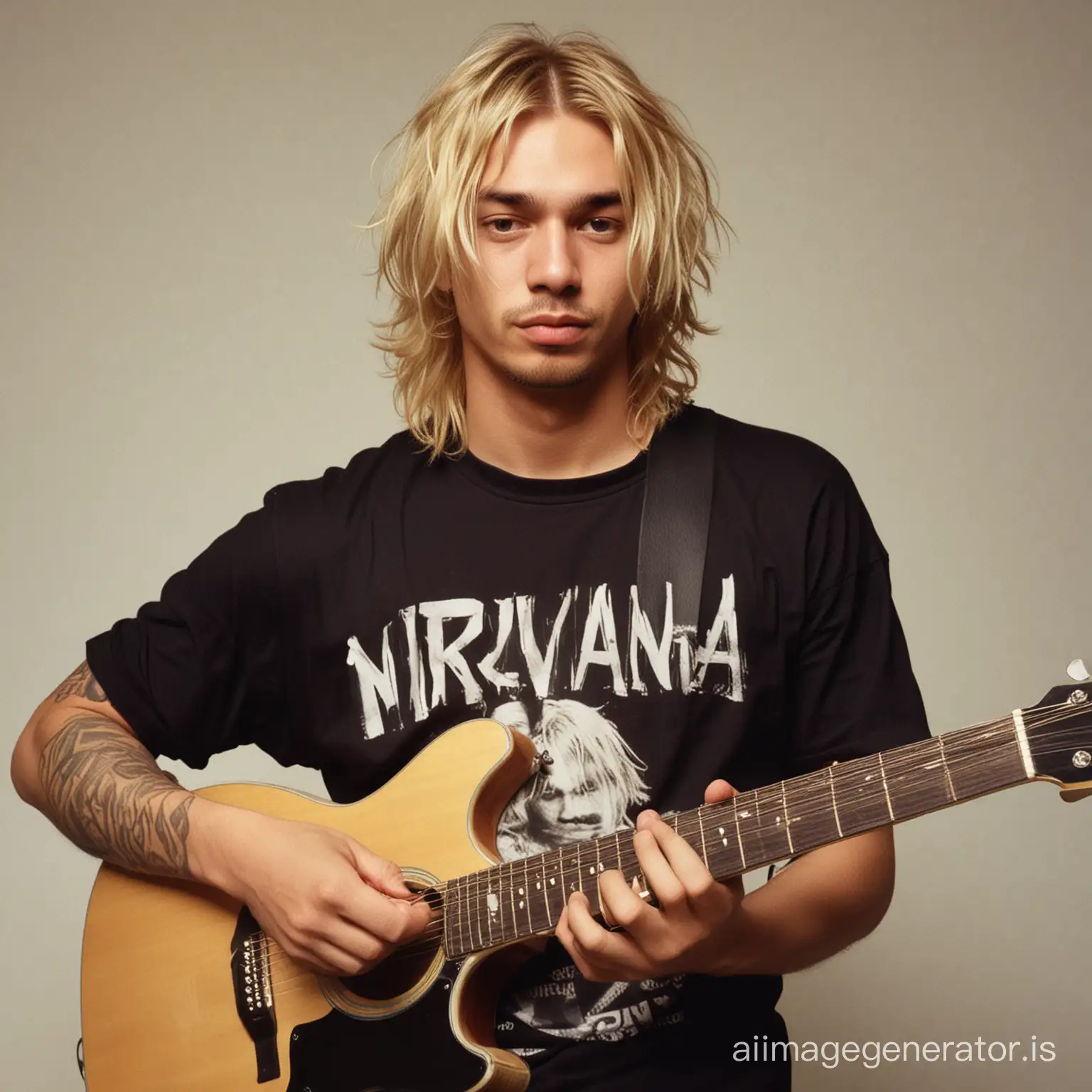 Make a photo of 2 people,A 25 year old Indonesian man Short haired wearing a black t-shirt that says "NIRVANA", was playing acoustic guitar with a 30 year old American man , his face looks very similar to Kurt Cobain Shoulder length curly blonde hair, wearing a long-sleeved shirt with a t-shirt underneath,