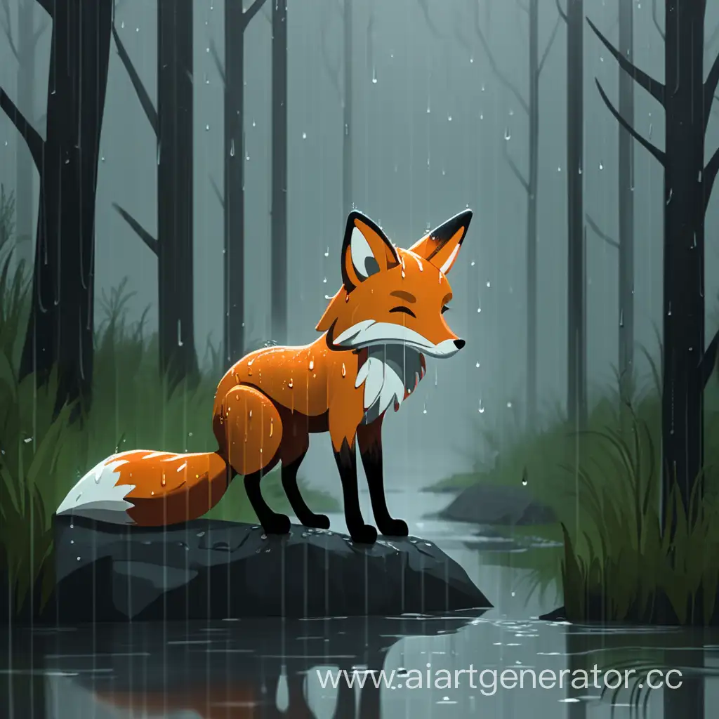 грустный лис в мрачном лесу во время дождя