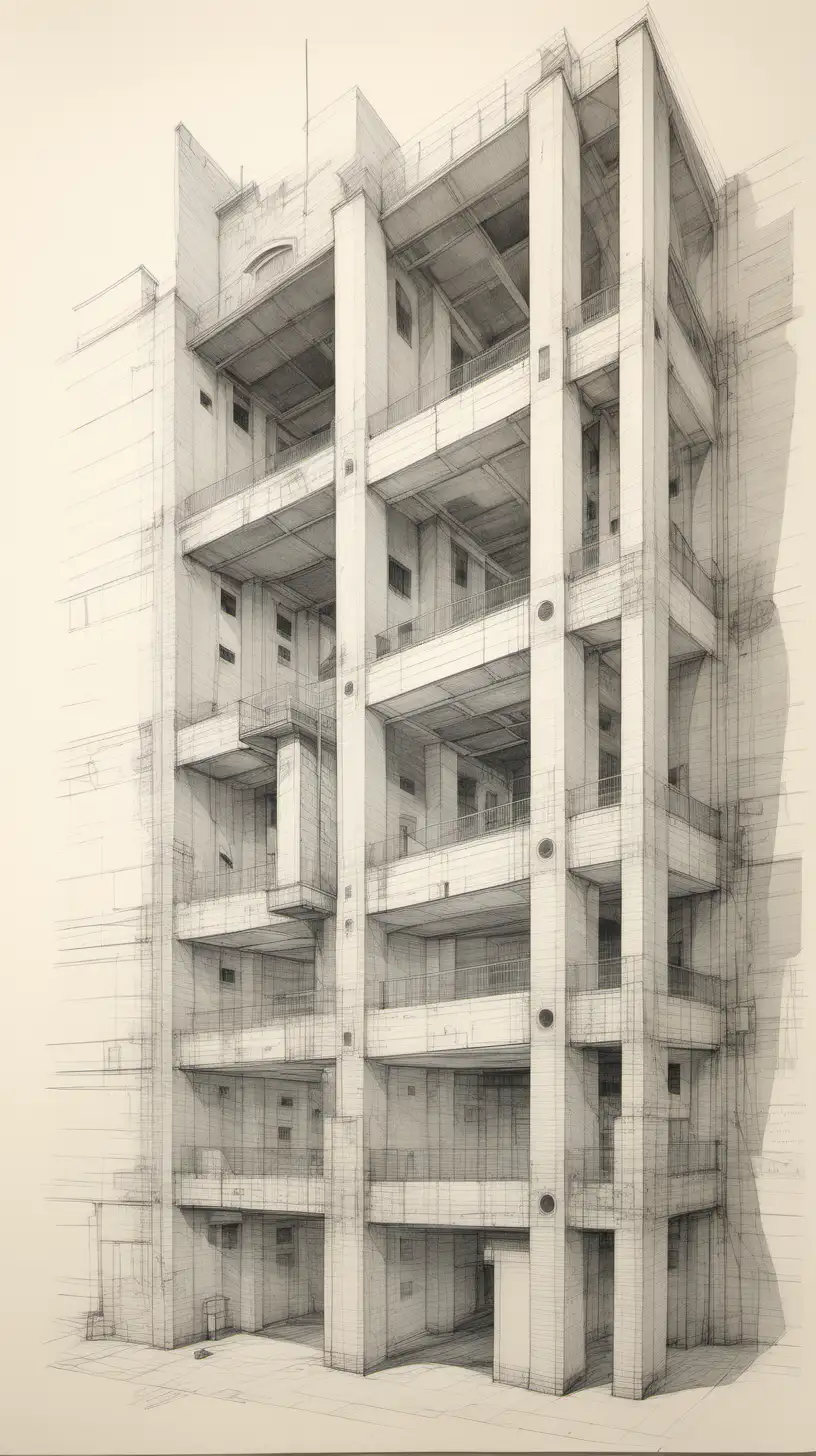 Architectural Sketch Modern Prison Building with Ventilation Shaft