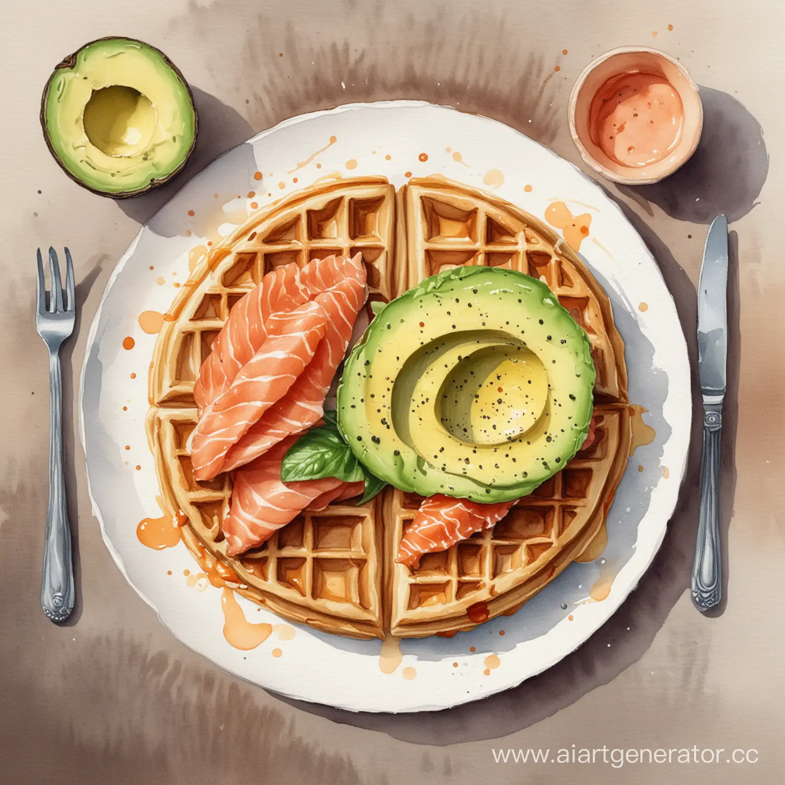 аквварельный рисунок завтрака из вафли с авокадо и семгой