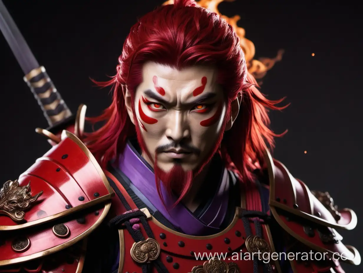 Невысокий самурай, в красных доспехах, с огненно красными волосами, с фиолетовыми глазами
