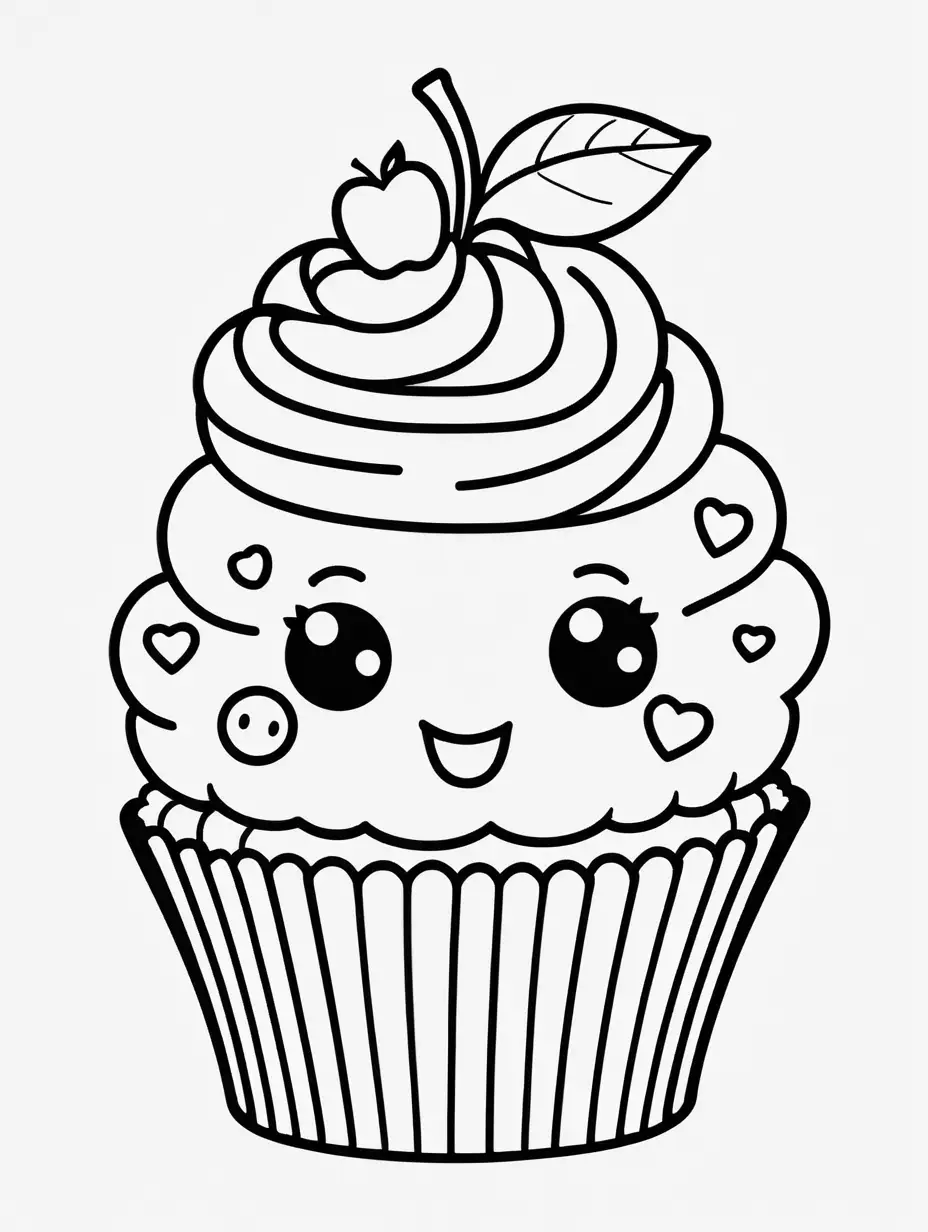 coloring book, cartoon drawing, clean black and white, single line, white background, cute cupcake with fruit, emojis