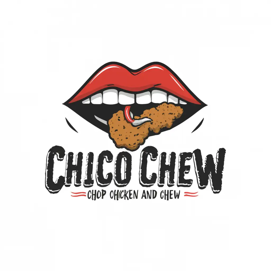 a logo design,with the text "Chico Chew with slogan "Chop Chicken and Chew"", main symbol:make mouth with upper lips design of roaster feather and open for chicken nuggets,complex,be used in Retail industry,clear background