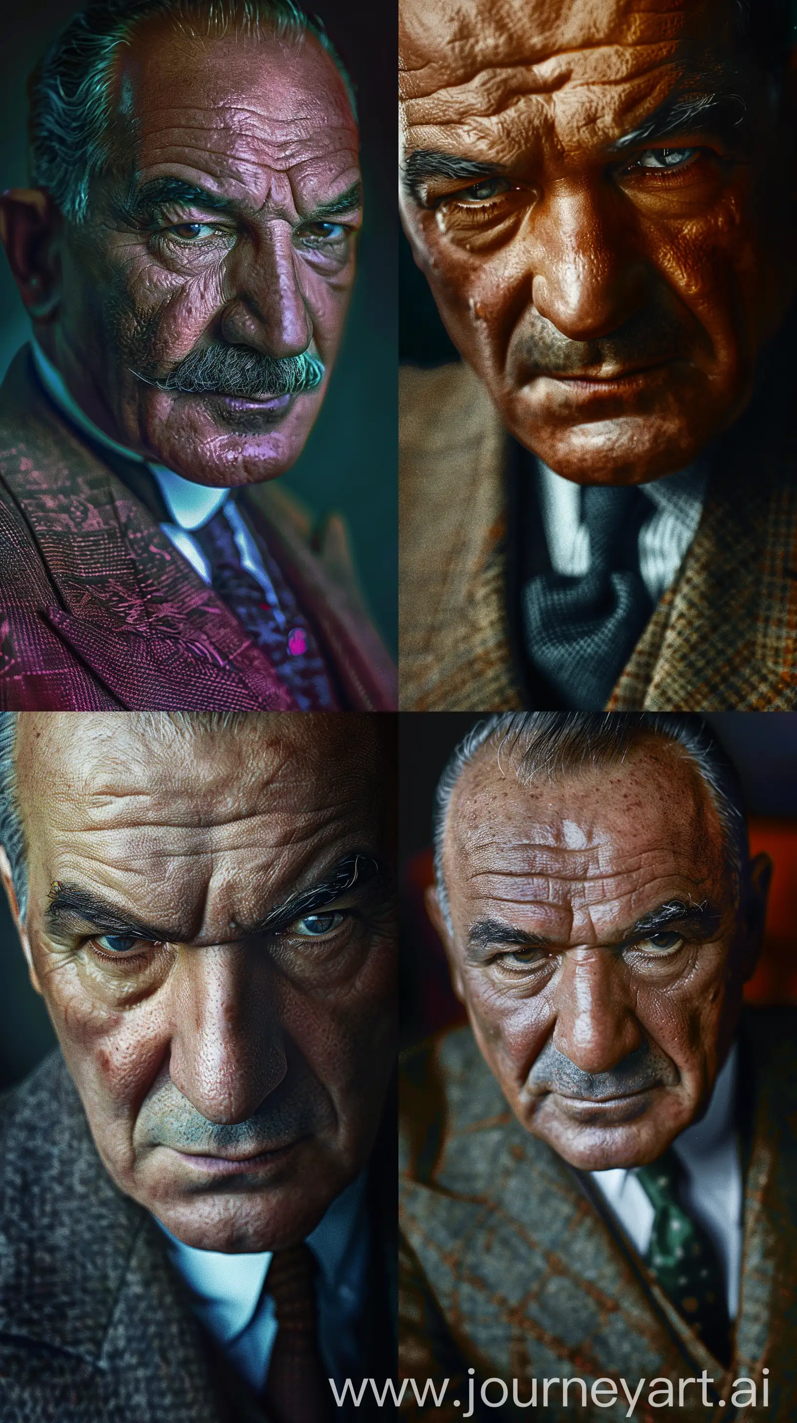 Founder and leader of the Turkish Republic Mustafa Kemal Atatürk, close up, wearing fine suit, colored, cinematic lighting, realistic image --ar 9:16