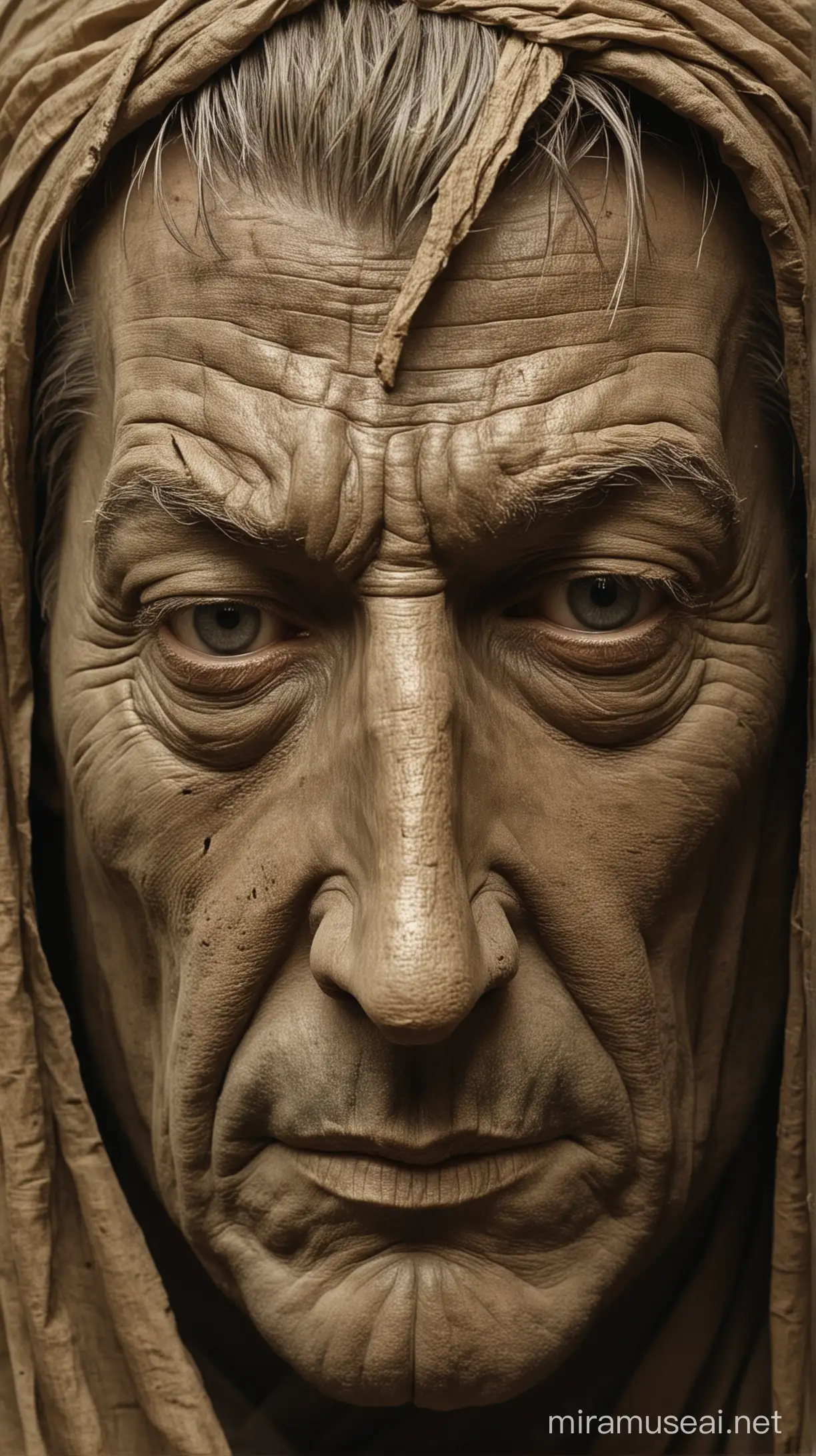 The scene where Baldwin hides his face with a mask depicts the leprous king's countenance completely veiled, bearing textures of wrinkles and signs of wear. While concealing the king's face entirely, the mask leaves a faint glint in his eyes, perhaps conveying a sense of inner turmoil. The man has a mask on his face


